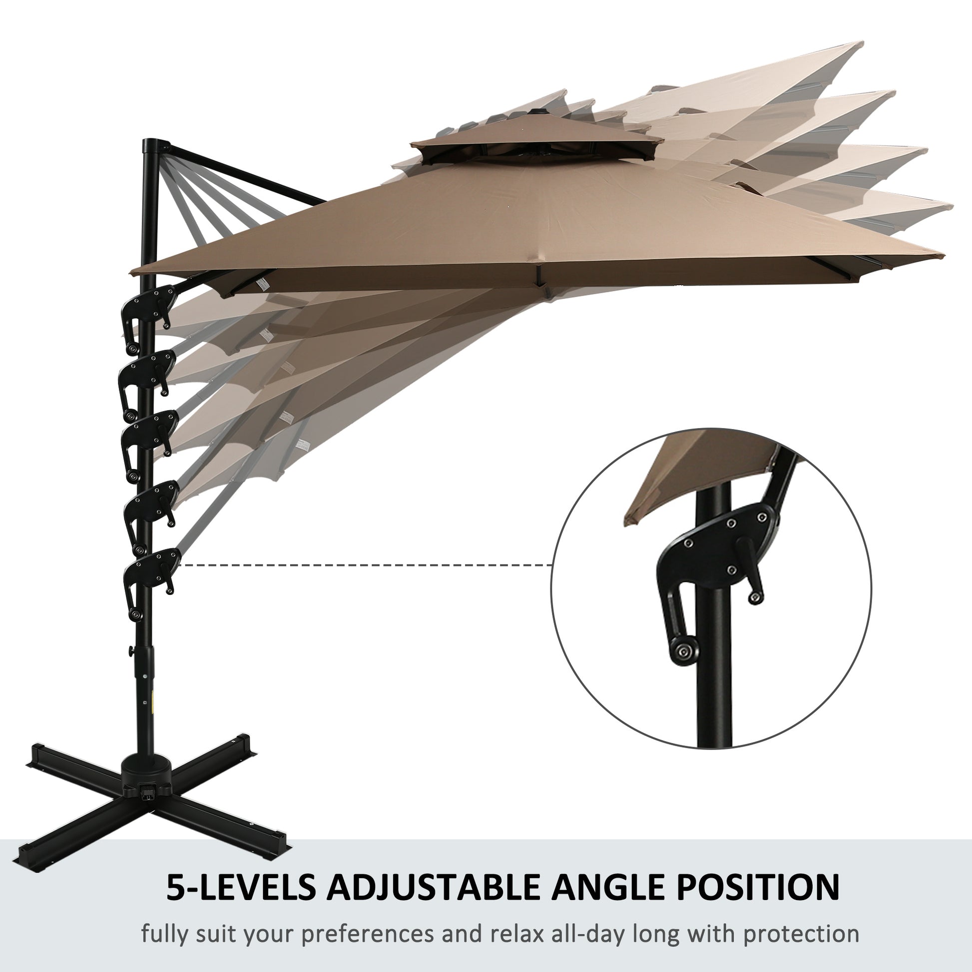 Outsunny 10Ft Offset Patio Umbrella With Base, Double Top Hanging Aluminum Cantilever Umbrella With 360 Degree Rotation, Easy Tilt, 8 Ribs, Crank, Cross Base, Cover, Strap, Coffee Coffee Steel