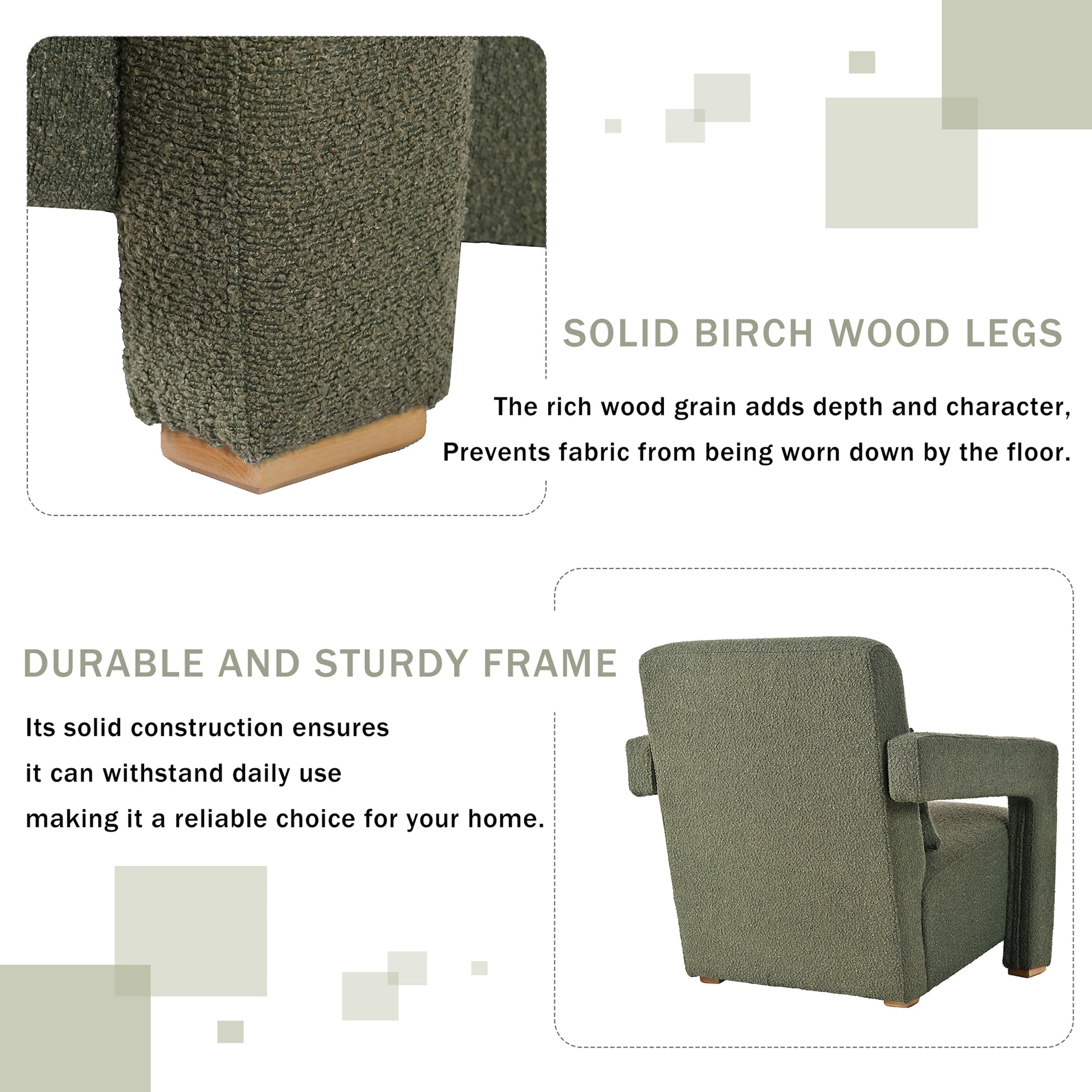 Mirod Sleek Right Angle Armrests, Ergonomic Lumbar Support, Square Wooden Block Legs, Inclined Seat For Comfort, Artistic Statement Piece For Living Room,Bedroom And Study Green Boucle