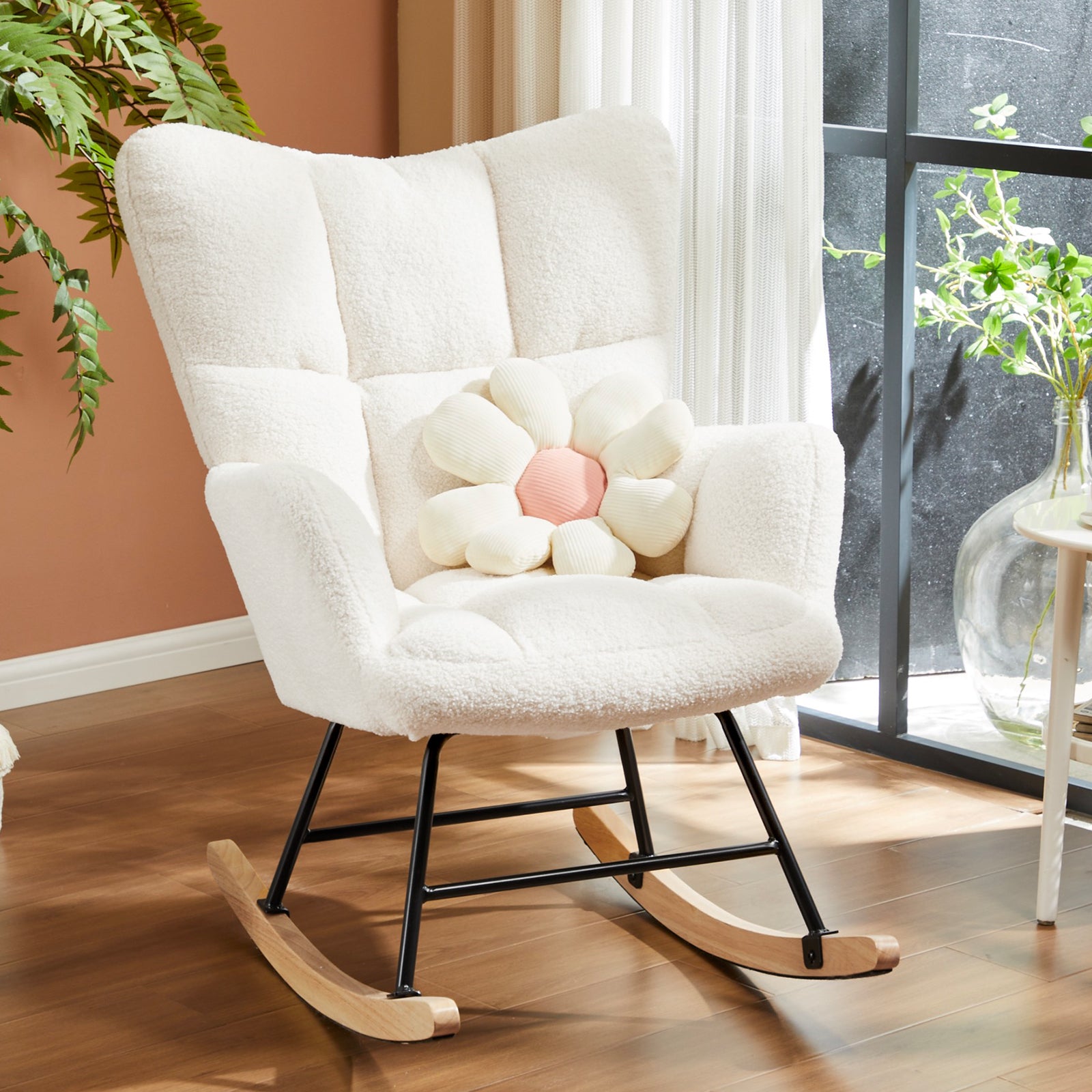 Rocking Chairs, 26" D X 37" W X 39" H, Beige Beige Metal & Wood