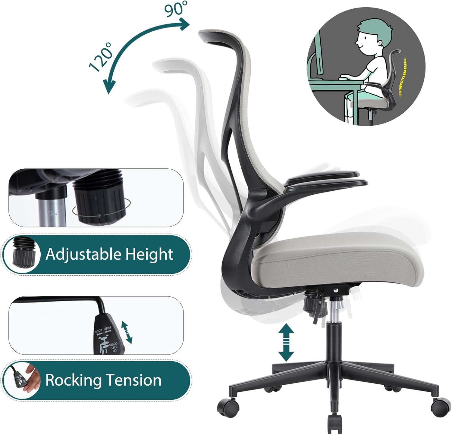 Ergonomic Computer Mesh Chair With Flip Up Armrests,Lumbar Support, Backrest For Home Office, Grey Grey Metal