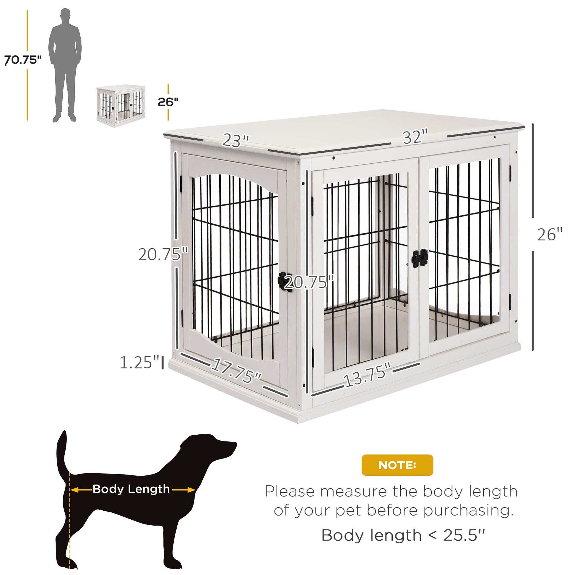 Pawhut Dog Crate Furniture, Small Dog Cage End Table With Two Opening Sides, Lockable Door, Puppy Kennel Indoor, Cute And Decorative, Pure White White Mdf