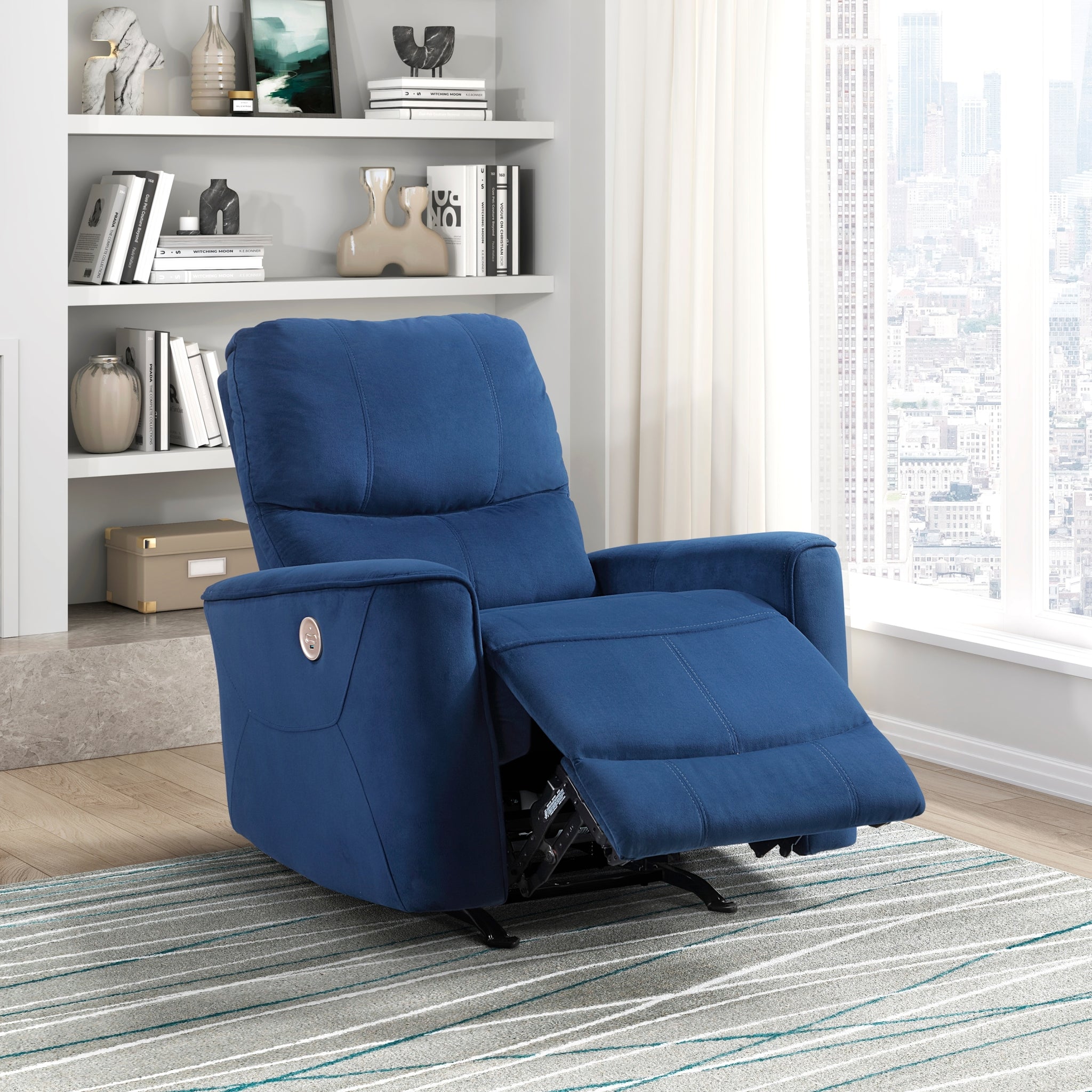 Modern Living Room 1Pc Power Rocker Reclining Chair Blue Velvet Upholstery Solid Wood Frame Luxury Home Furniture Navy Velvet Wood Primary Living Space Modern Solid Wood