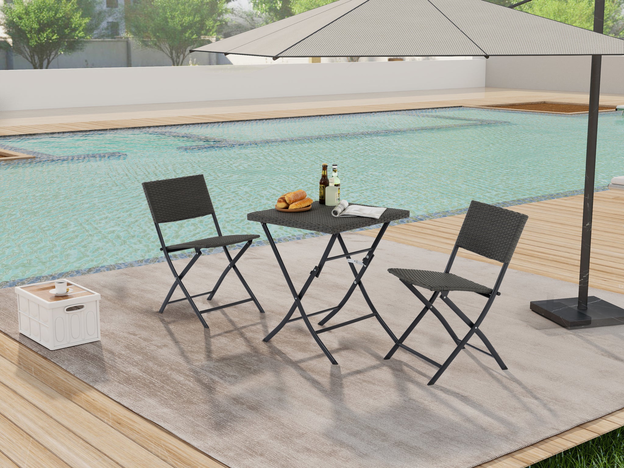 Rattan Patio Bistro Set, 3 Piece Foldable Outdoor Patio Furniture Sets, With Folding Table And Two Chairs, For Garden, Backyard, Pool, Lawn, Porch, Balcony, All Weather Rattan Style Gray Pe Rattan Iron