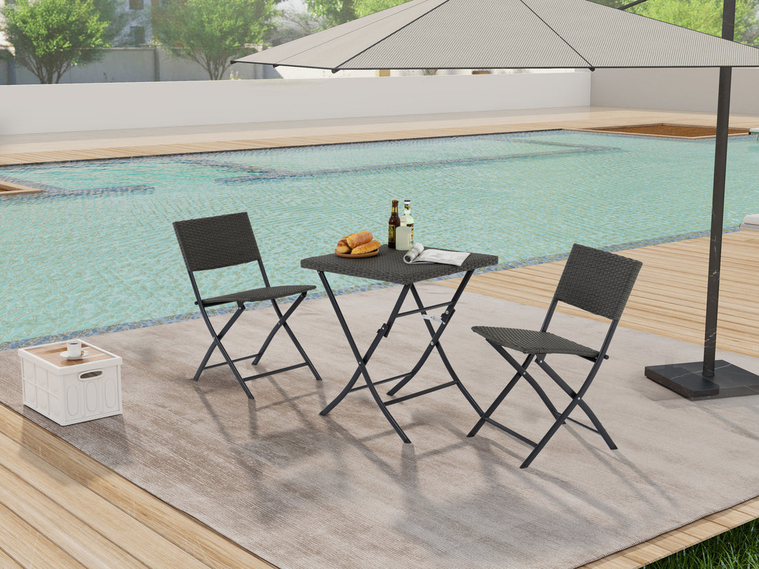 Rattan Patio Bistro Set, 3 Piece Foldable Outdoor Patio Furniture Sets, With Folding Table And Two Chairs, For Garden, Backyard, Pool, Lawn, Porch, Balcony, All Weather Rattan Style Gray Pe Rattan Iron