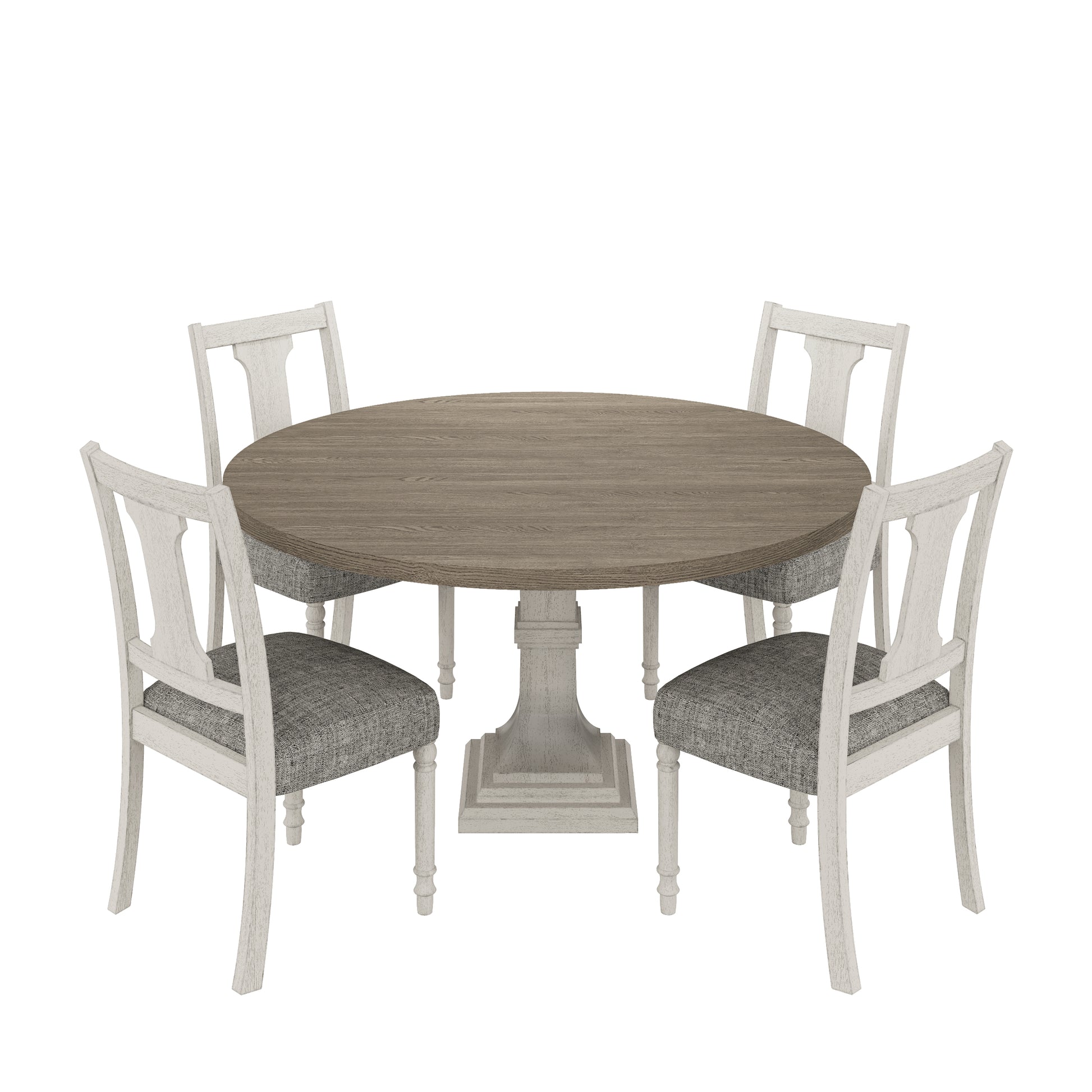 Tannen 59"W Round White And Gray 5 Pc Dining Table Set White Gray Linen
