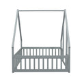 Full Wood House Shaped Floor Bed With Fence, Guardrails,Grey Full Grey American Design Pine