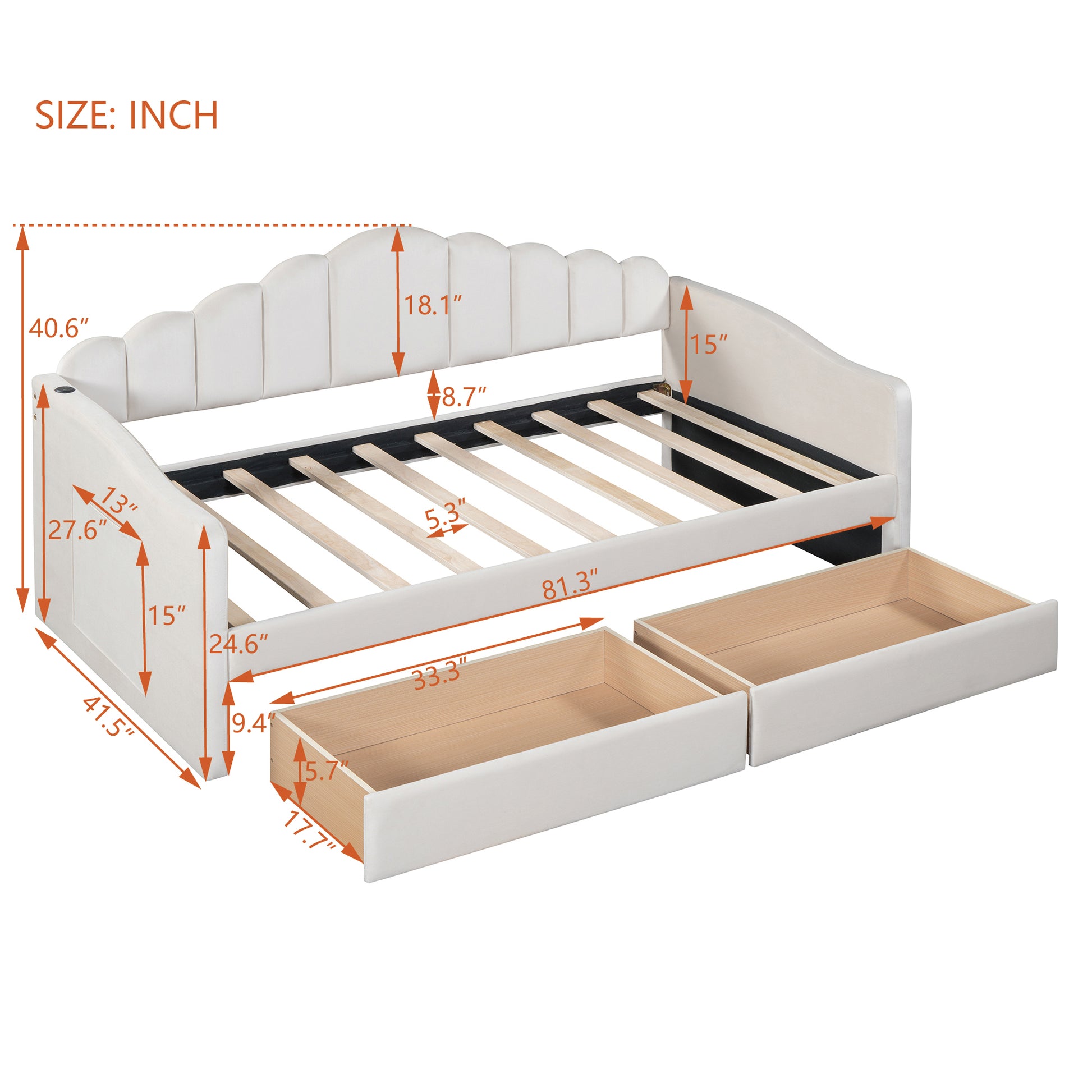 Twin Size Upholstered Daybed With 2 Drawers ,Velvet Sofabed With Usb Charging Ports,No Box Spring Needed,Beige Twin Beige Velvet