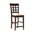 25 Inch Counter Height Stool, Lattice Design Back, Tan Fabric Seat, Brown Tan Solid Wood