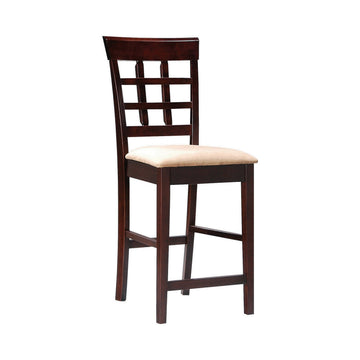 25 Inch Counter Height Stool, Lattice Design Back, Tan Fabric Seat, Brown Tan Solid Wood