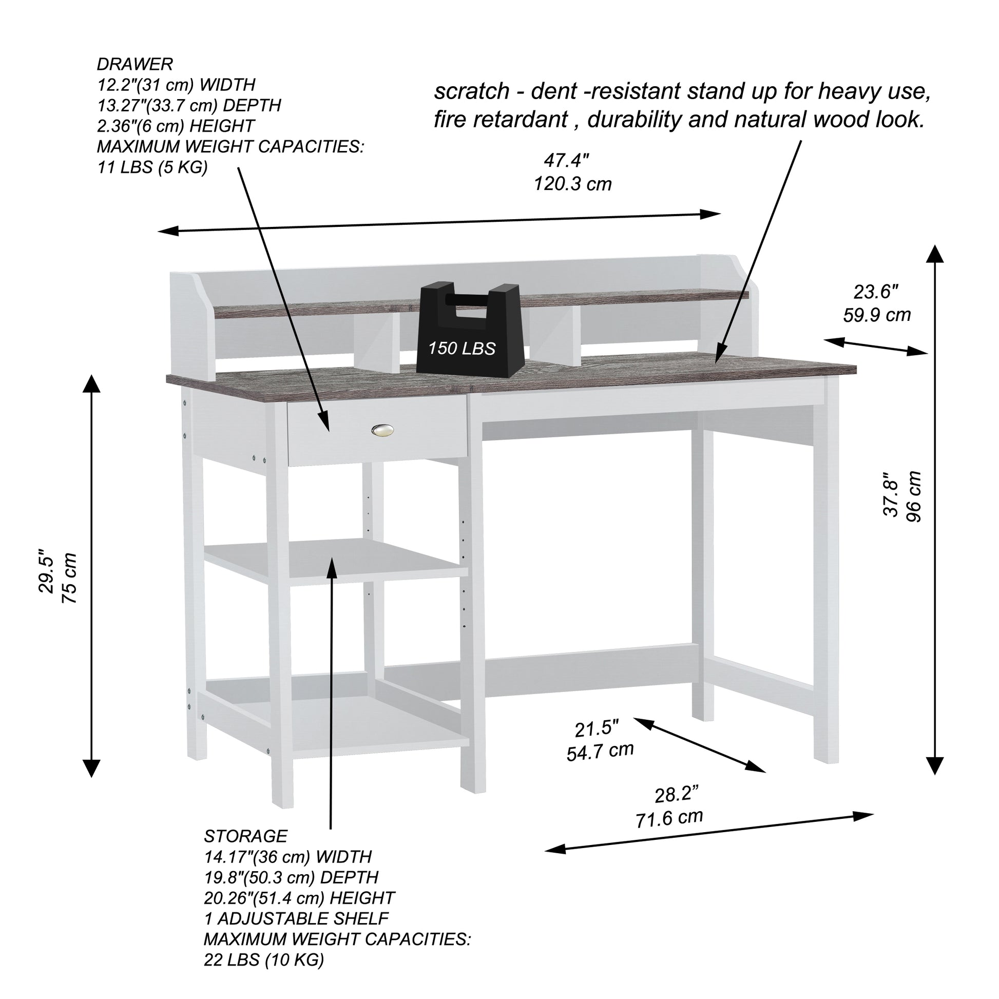 47" Writing Desk With Hutch "Contemporary Gray Oak And White Desk Versatile Workstation With Drawer, Adjustable Shelf, And Open Bookshelf For Home Or Office" White Solid Wood