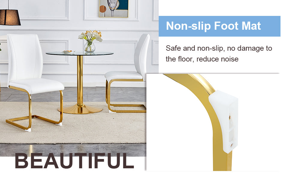 Luxury Simple Arch Chair Set Of 4 White Pu Material High Resilience Dining Chair With Arched Metal Gold Leg. White Gold Metal,Pu