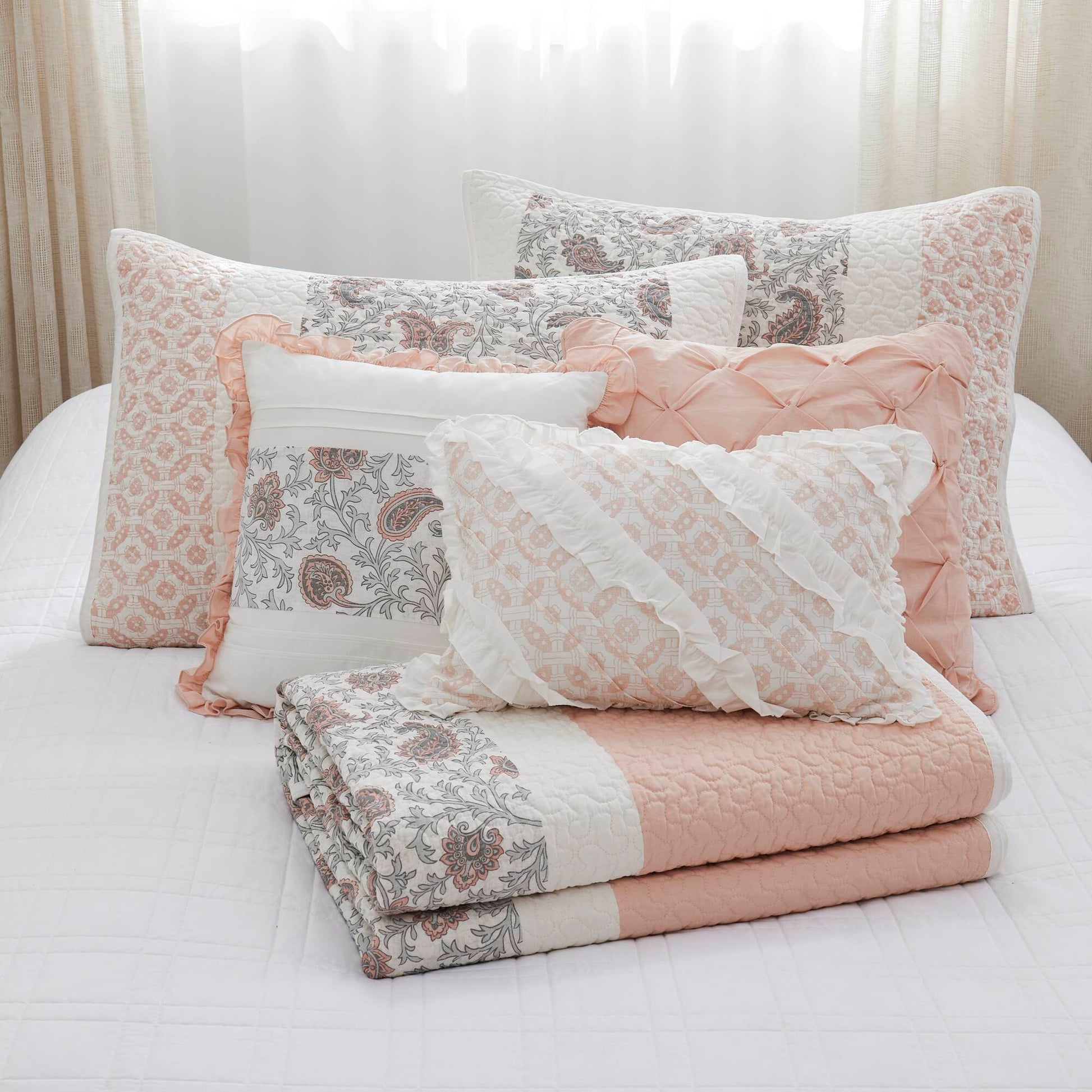 6 Piece Cotton Percale Quilt Set With Throw Pillows Blush Full Queen Full Blush Polyester