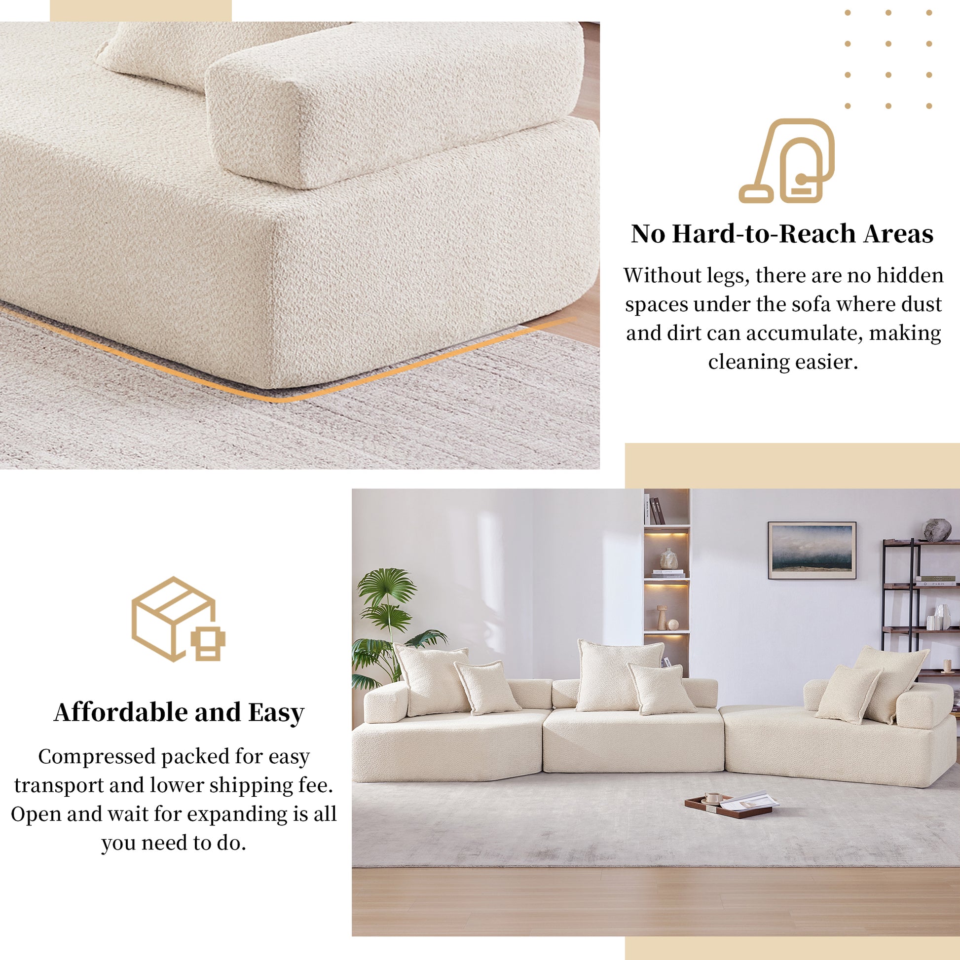 Oversized Modular Sectional Sofa,Luxury Boucle Floor Couch Set,Convertible Sleeper Couch,Spacious Foam Filled Sofa Bed For Living Room,3 Pc Free Combination,2 Colors Beige Boucle 5 Seat