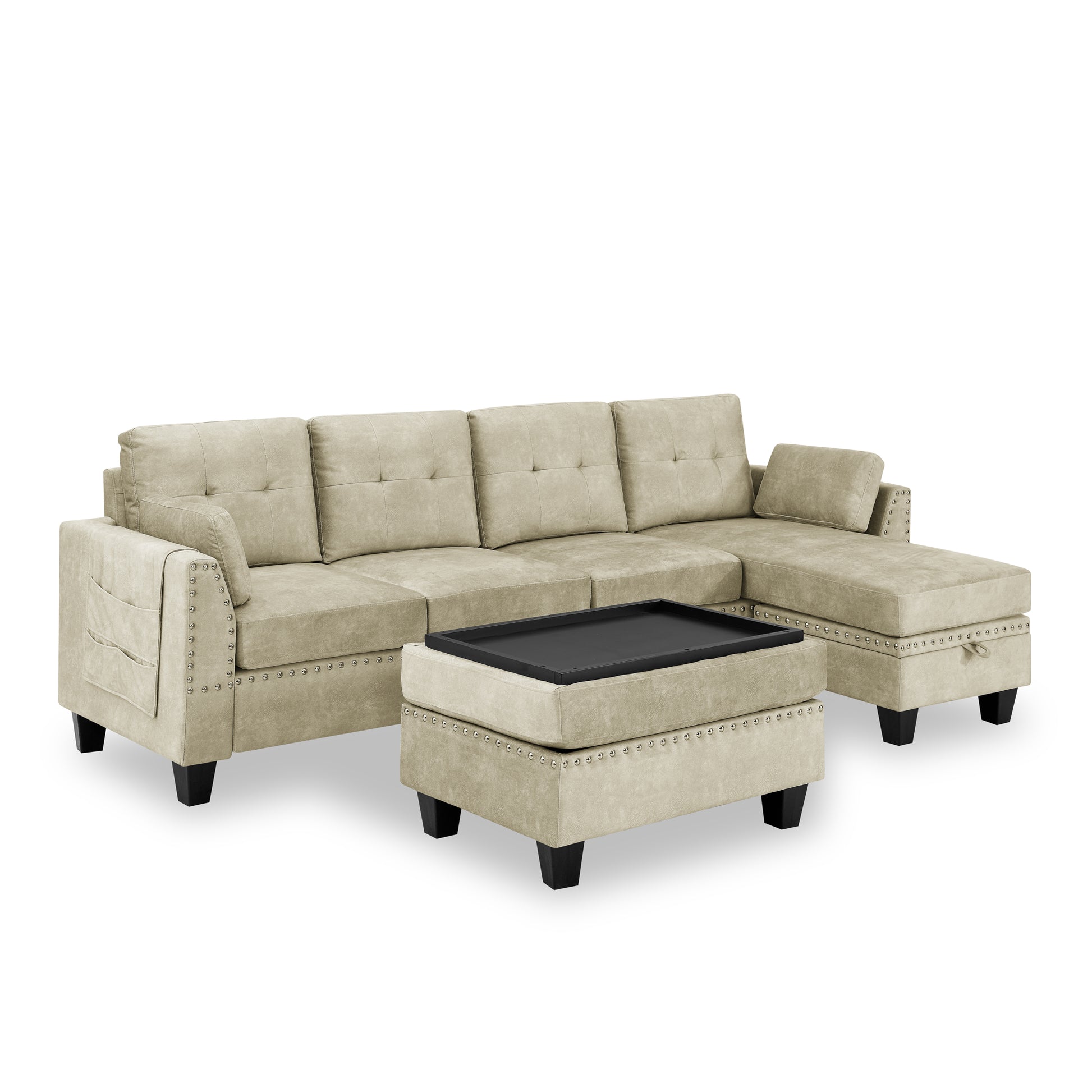 Sectional 3 Seaters Sofa ,Double Sided Multi Functional Footstool, Storage Matnon Slip Leg, Two Pillows, Velvet,Beige Beige Velvet 3 Seat