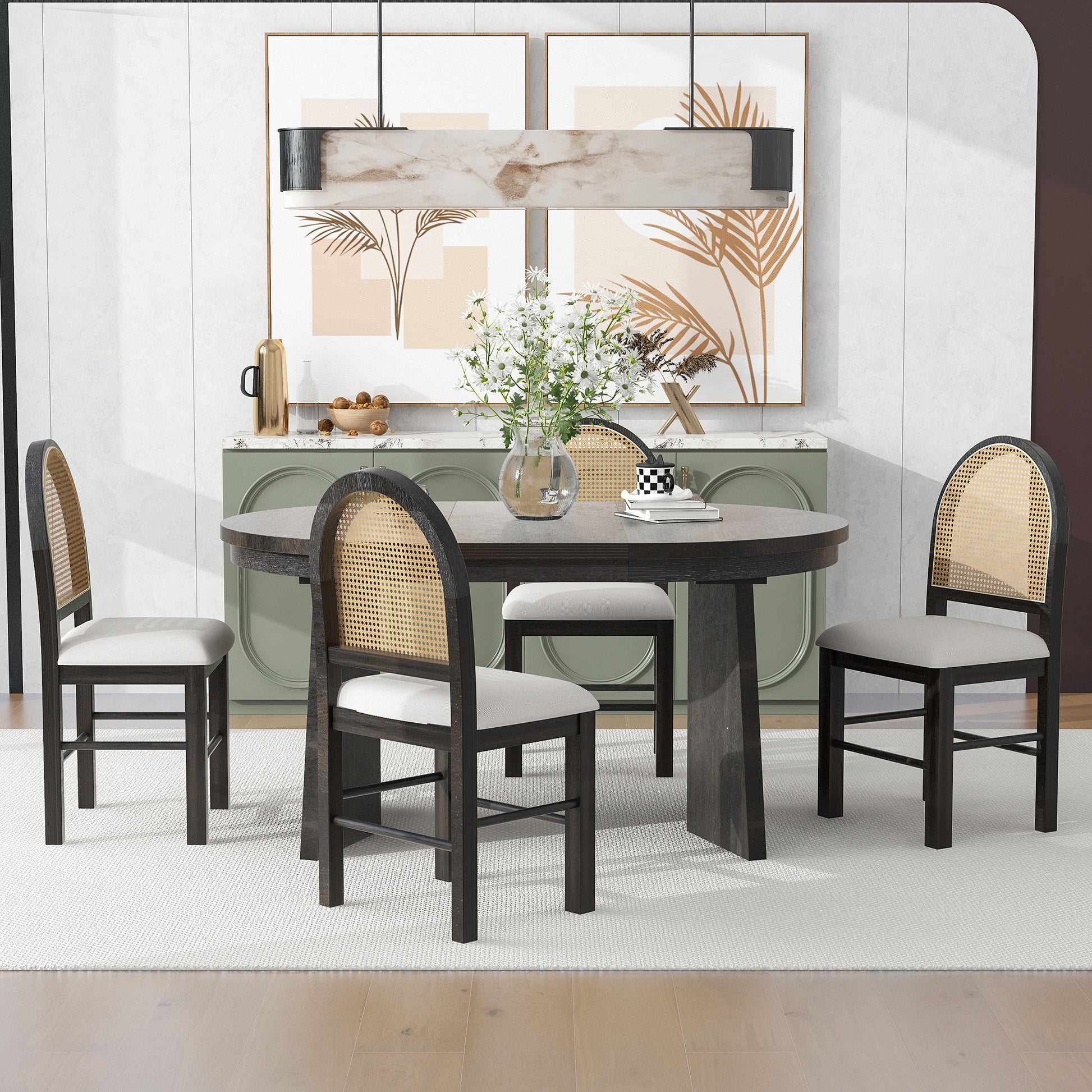 5 Piece Retro Functional Dining Set With 1 Extendable Dining Table And 4 Upholstered Chairs With Rattan Backrests For Dining Room And Kitchen Espresso Espresso Solid Wood Mdf