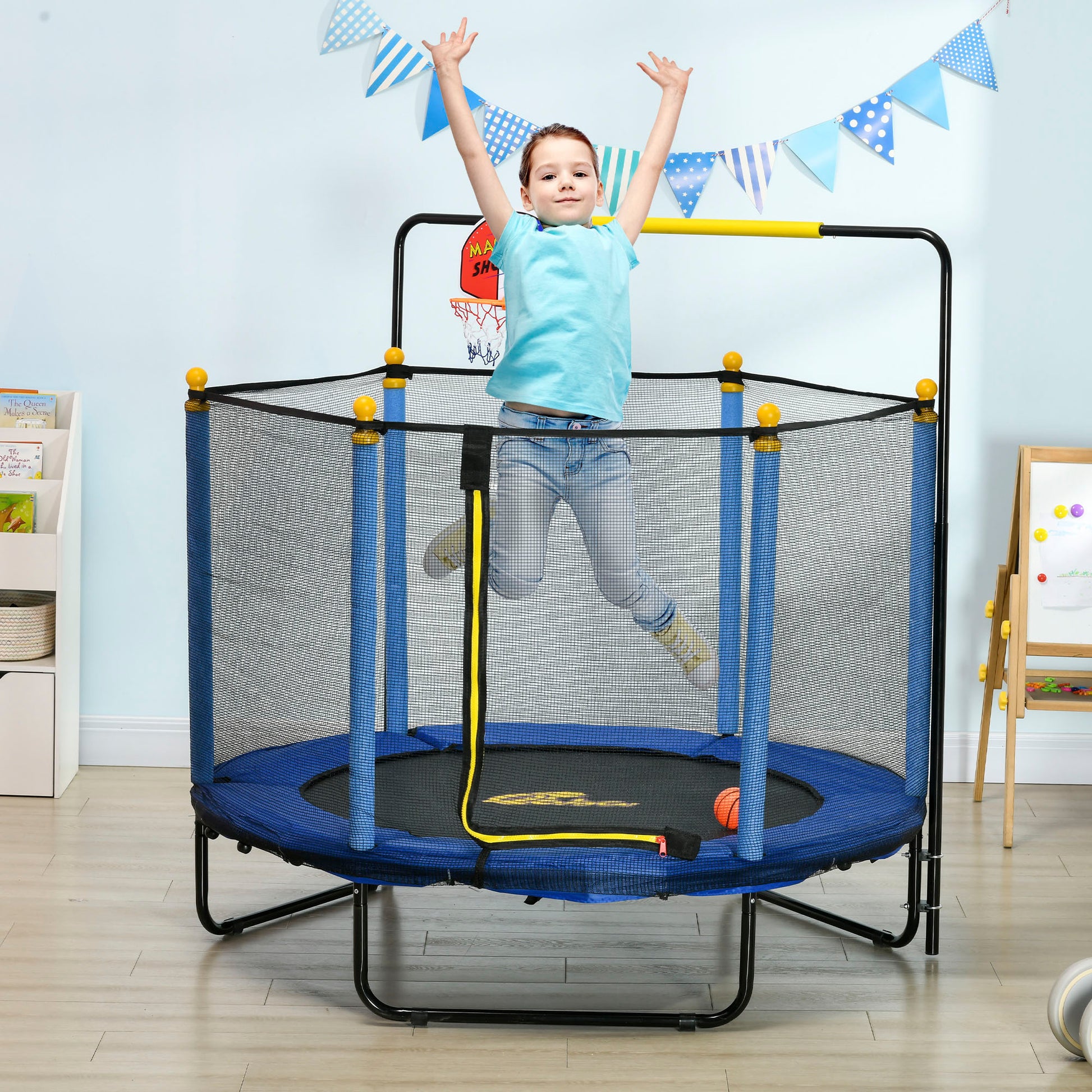 Qaba 4.6' Kids Trampoline With Basketball Hoop, Horizontal Bar, 55" Indoor Trampoline With Net, Small Springfree Trampoline Gifts For Kids Toys, Ages 3 10, Blue Blue Steel