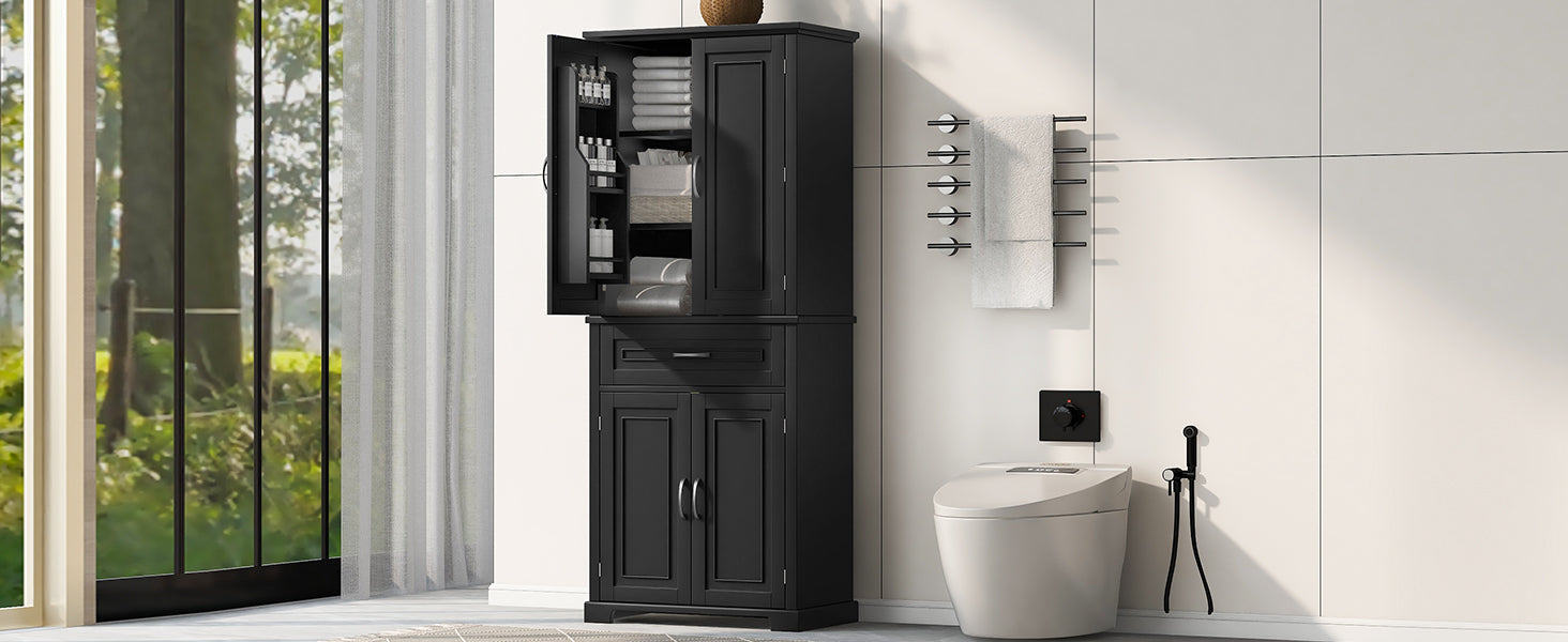 Bathroom Storage Cabinet With Doors And Drawer, Multiple Storage Space, Adjustable Shelf, Black Black Mdf