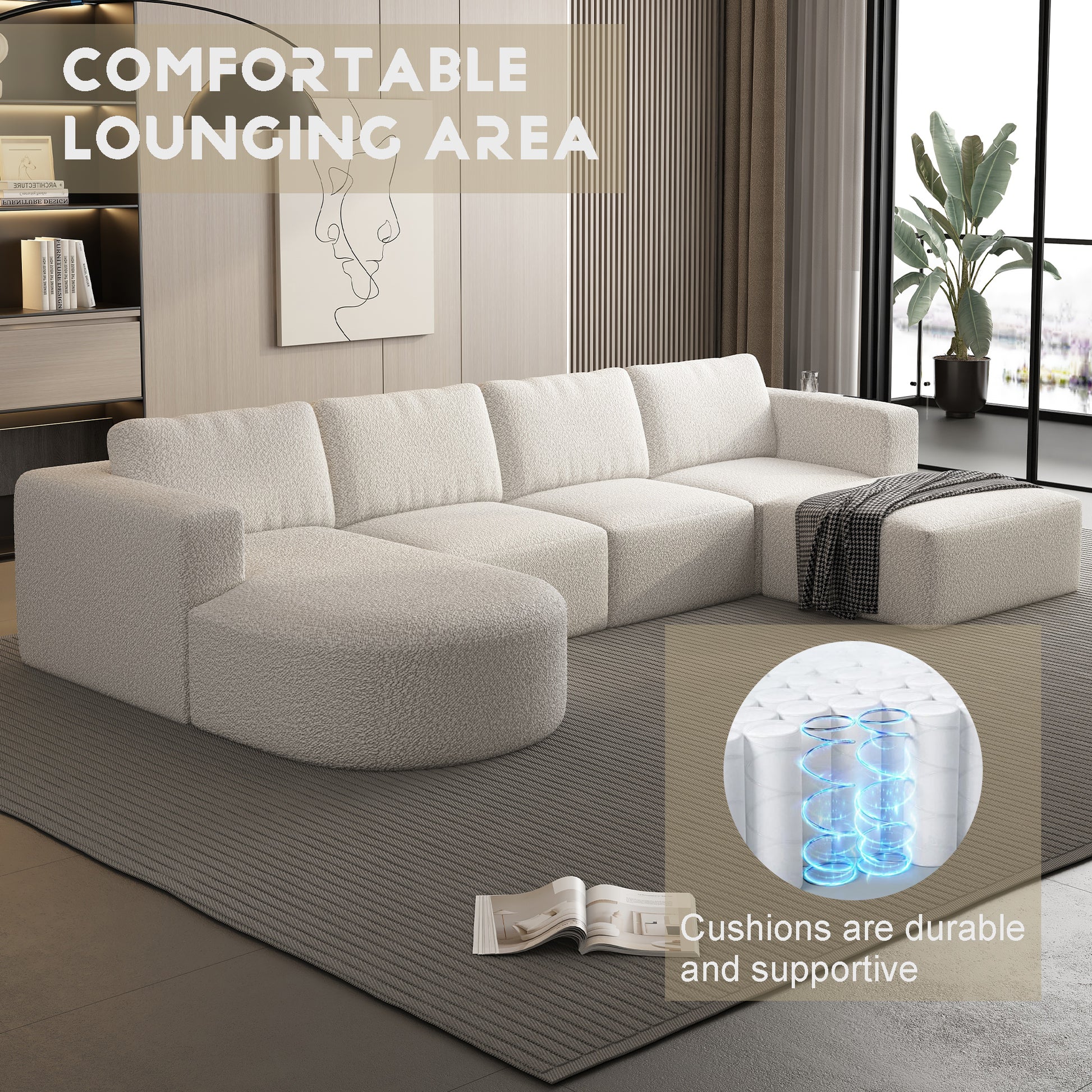 104.32*66.92 Modular Sectional Sofa Sleeper Couch, Sectional Sofa With Chaise And Ottoman, Convertible U Shaped Modular Sofa Set. Compressed Sponge, White. Combo A 2B 2D White Primary Living Space Soft Minimalist,Modern Foam Spring 5 Seat