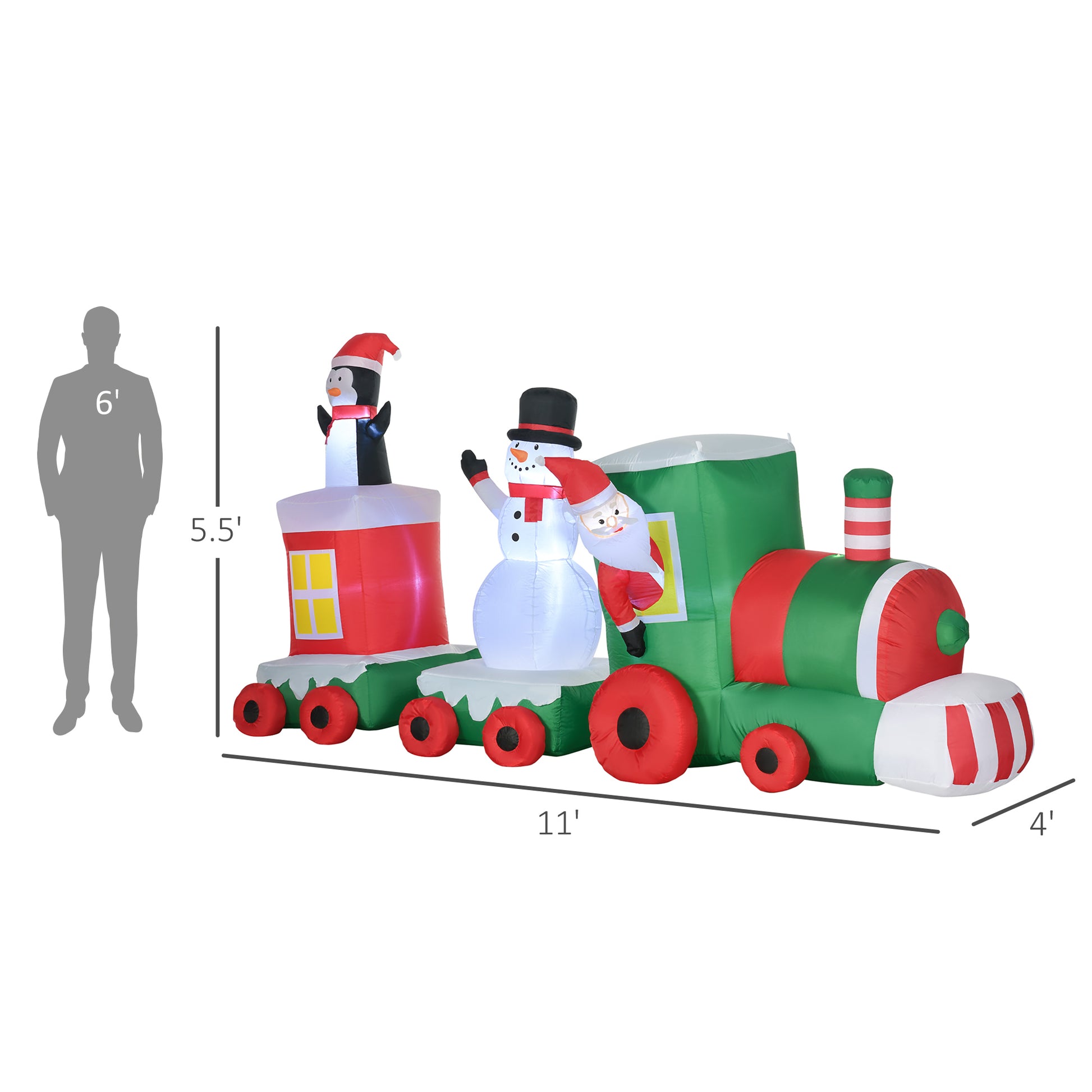 Homcom 11Ft Christmas Inflatables Outdoor Decorations Holiday Train With Santa, Snowman And Penguin, Blow Up Yard Christmas Decor With Led Lights Display Multicolor Polyester