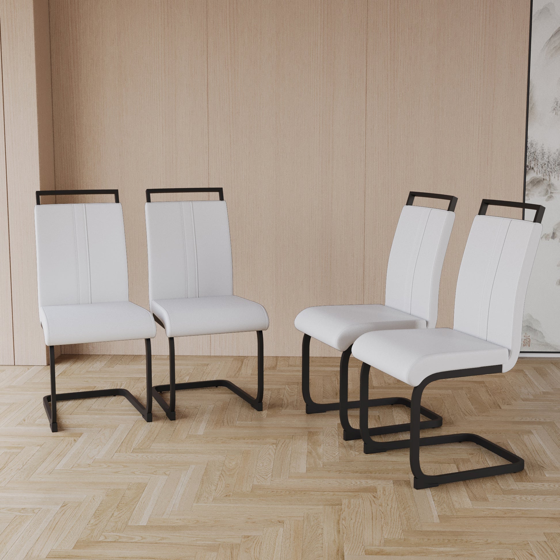 Modern Dining Chairs,Pu Faux Leather High Back Upholstered Side Chair With C Shaped Tube. Black Metal Legs For Dining Room Kitchen Vanity Patio Club Guest Office Chair Set Of 4 White Pu White Foam Pu