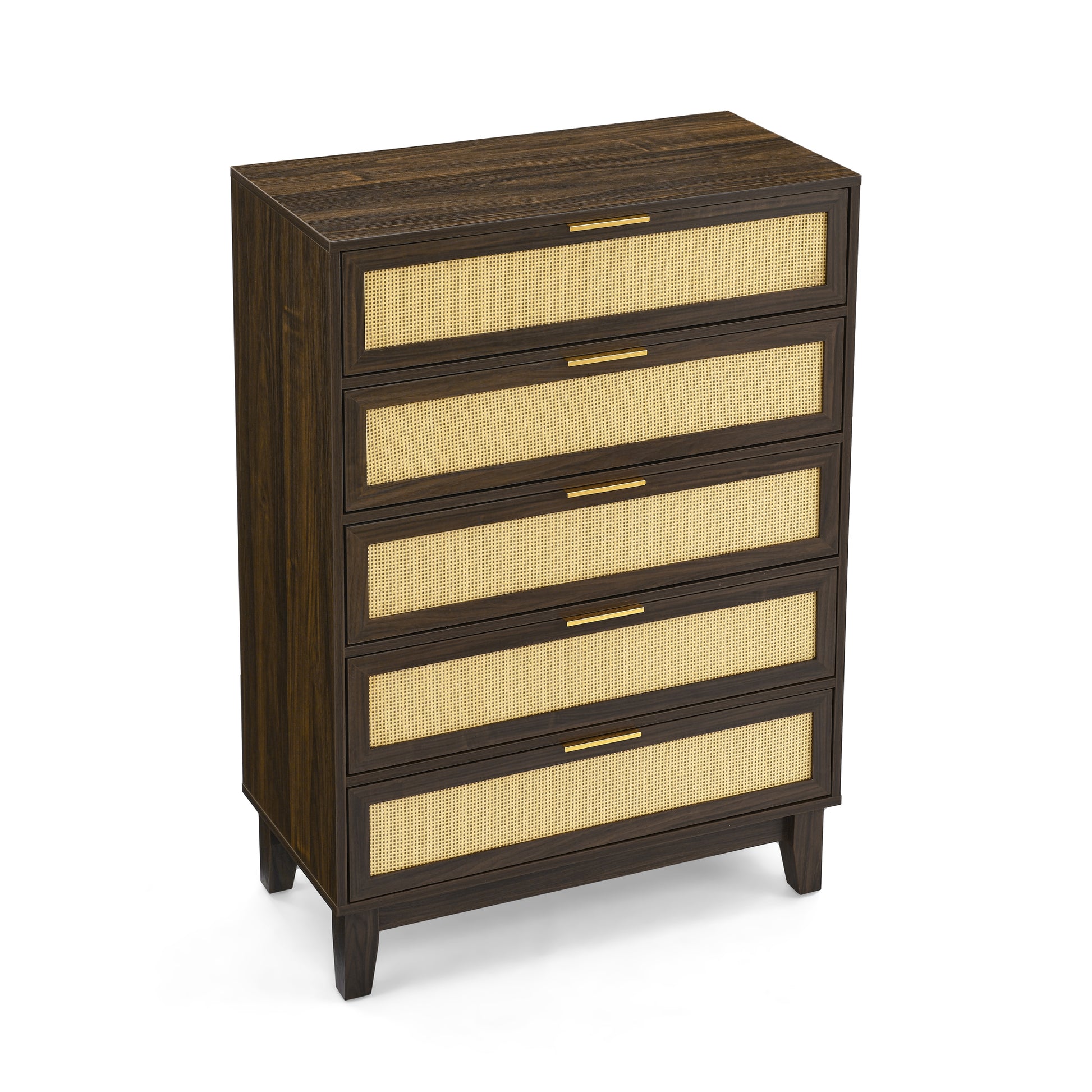 Bedroom 5 Drawer Dresser, Rattan Dresser Modern Wooden Chest Of Drawers With Spacious Storage Space For Bedroom Hallway Living Room Walnut Solid Wood Mdf