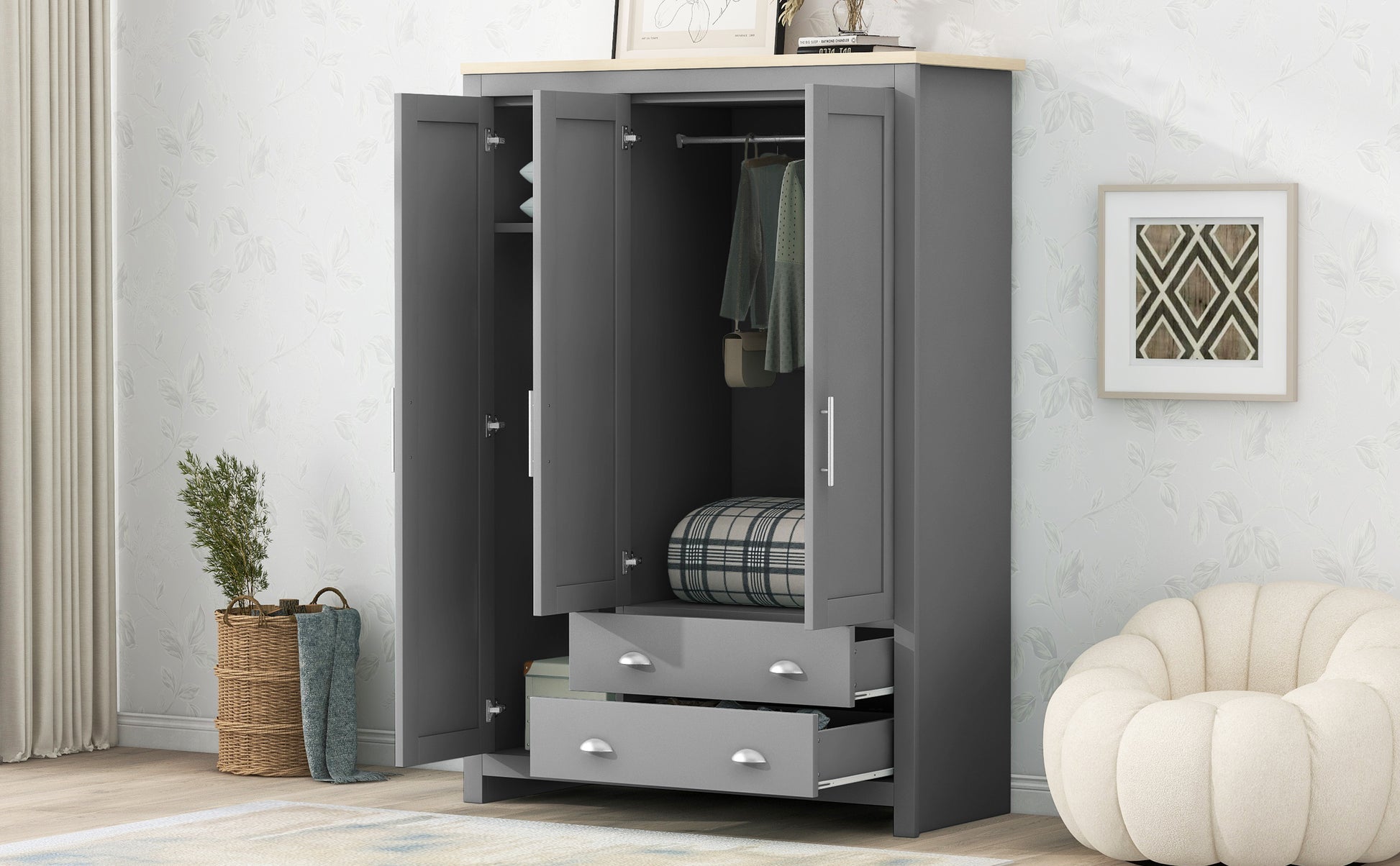 Three Door Storage Wardrobe With Cabinets And Two Hanging Rods,Gray Gray Mdf