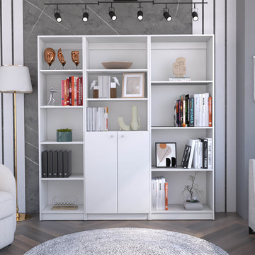 Poole 3 Piece Home Bookcase Set, 67" Wide With 12 Shelves And 2 Door Cabinetliving Room Set White White Particle Board