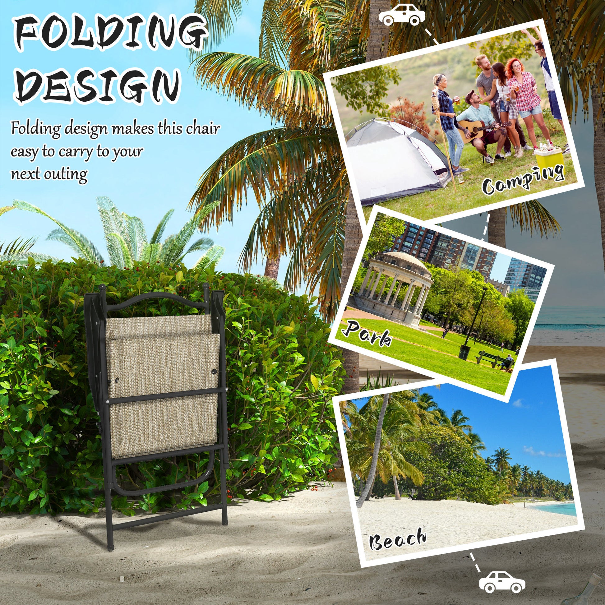 Outsunny Folding Patio Chairs, Set Of 4 Sports Chairs For Adults, Camping Chairs With Armrests,Mesh Fabric Seat For Lawn, Beige Beige Metal