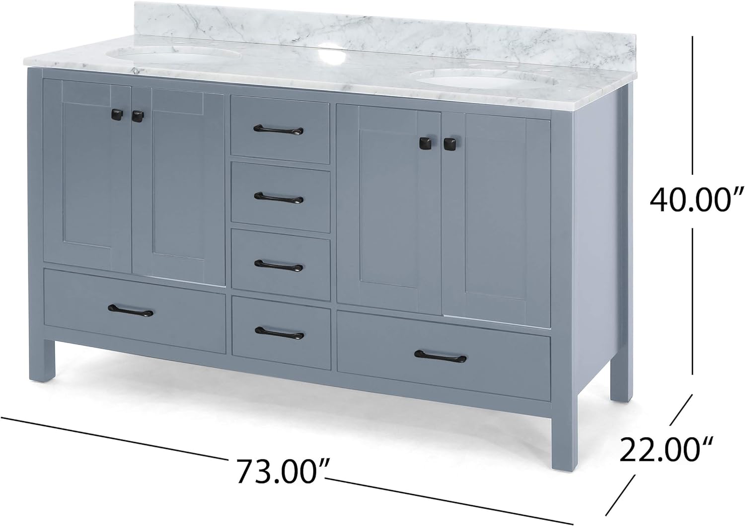 73'' Bathroom Vanity With Marble Top & Double Ceramic Sinks, 4 Doors, 6 Drawers, Grey Grey Plywood