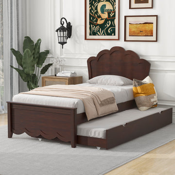 Twin Size Wood Platform Bed With Headboard And Twin Size Trundle, Cappuccino Box Spring Not Required Twin Cappuccino Wood Bed Frame Solid Wood Mdf