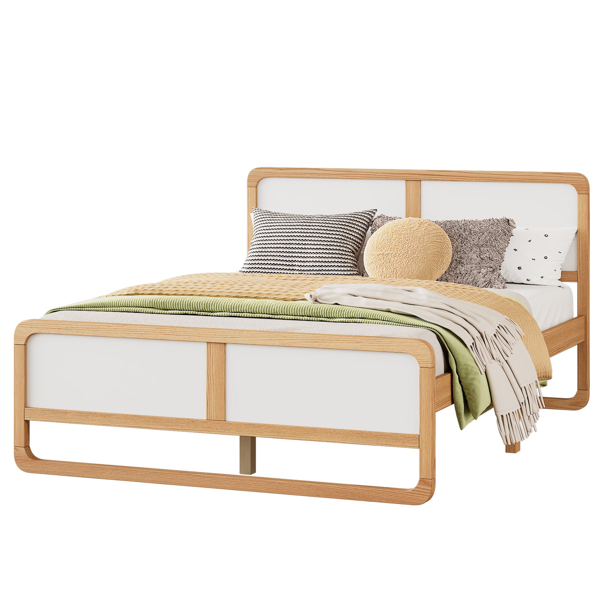 Modern Style Queen Size Solid Wood Platform Bed For Kids, Teens, Adults, No Need Box Spring, Walnut And White Box Spring Not Required Queen White Walnut Wood Bedroom Modern Pine Bed Frame Wood