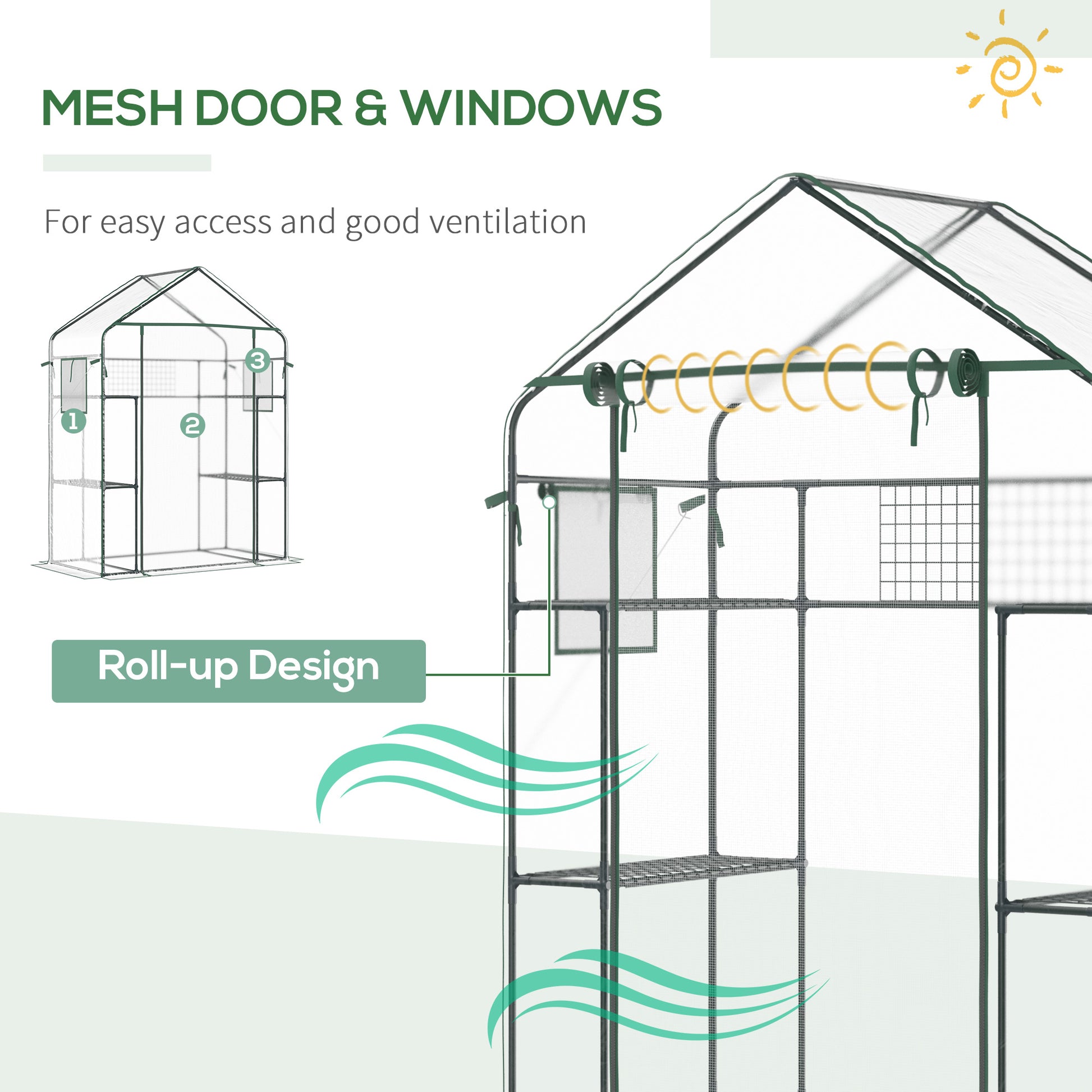 Outsunny Outdoor Walk In Mini Greenhouse With Mesh Door & Windows, Small Portable Garden Green House With 3 Tiers 6 Shelves, Trellis, & Plant Labels Clear Plastic