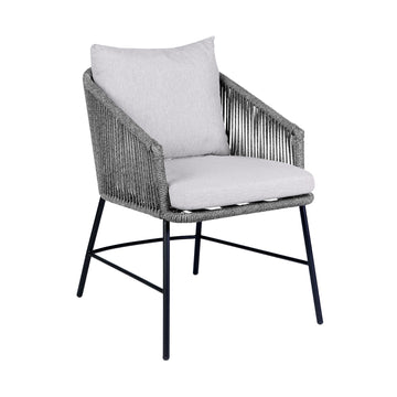 25 Inch Patio Dining Chair, Matte Black Steel Frame, Gray Rope Woven Seat Black Grey Steel