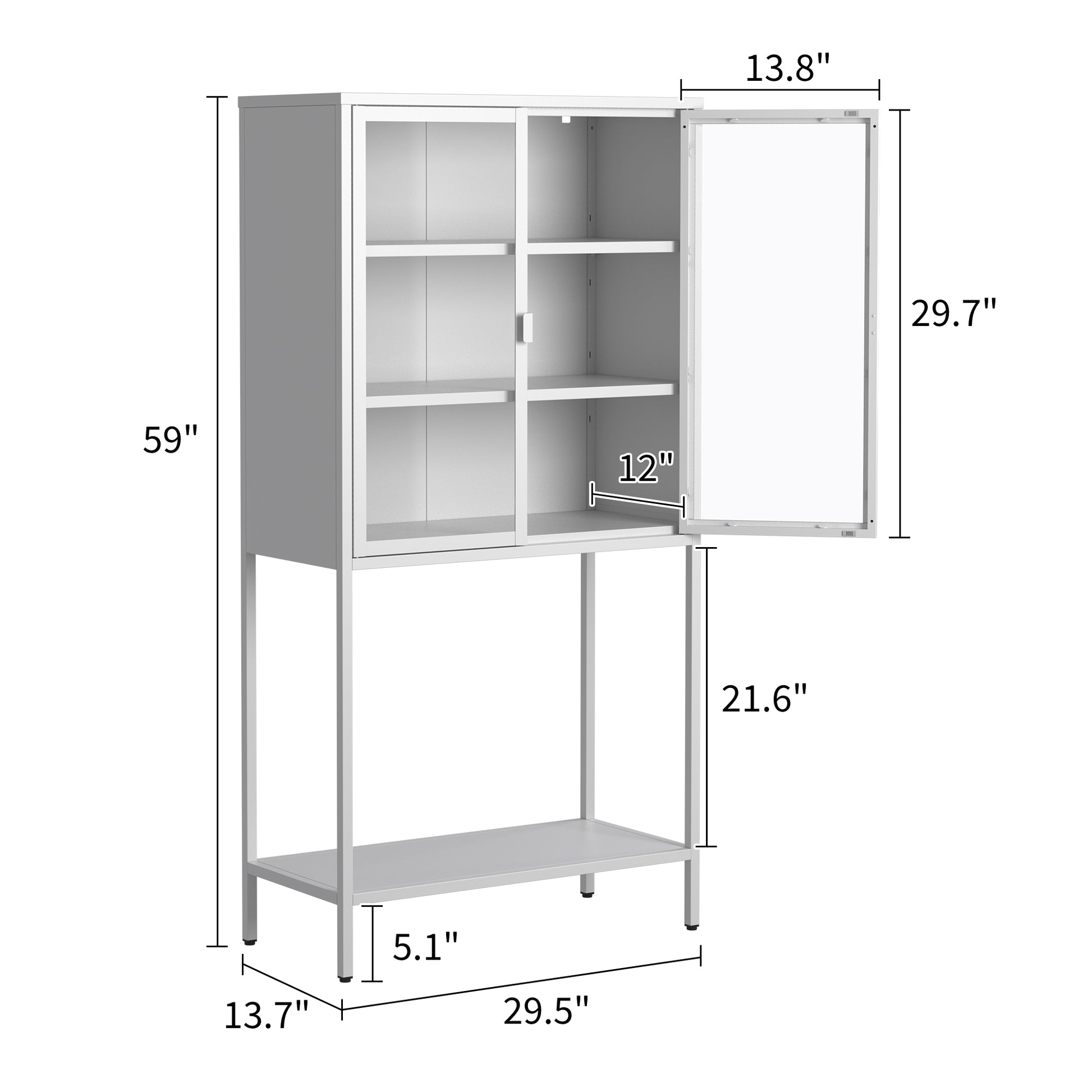 59"H Heavy Duty Metal Storage Cabinet, Display Storage Cabinet With Glass Doors And 2 Adjustable Shelves, Tall Bookcase Modern Bookshelf Cabinet For Home Office, Living Room, Pantry Accent Chests 1 2 Shelves Antique White Primary Living Space Glass Doors