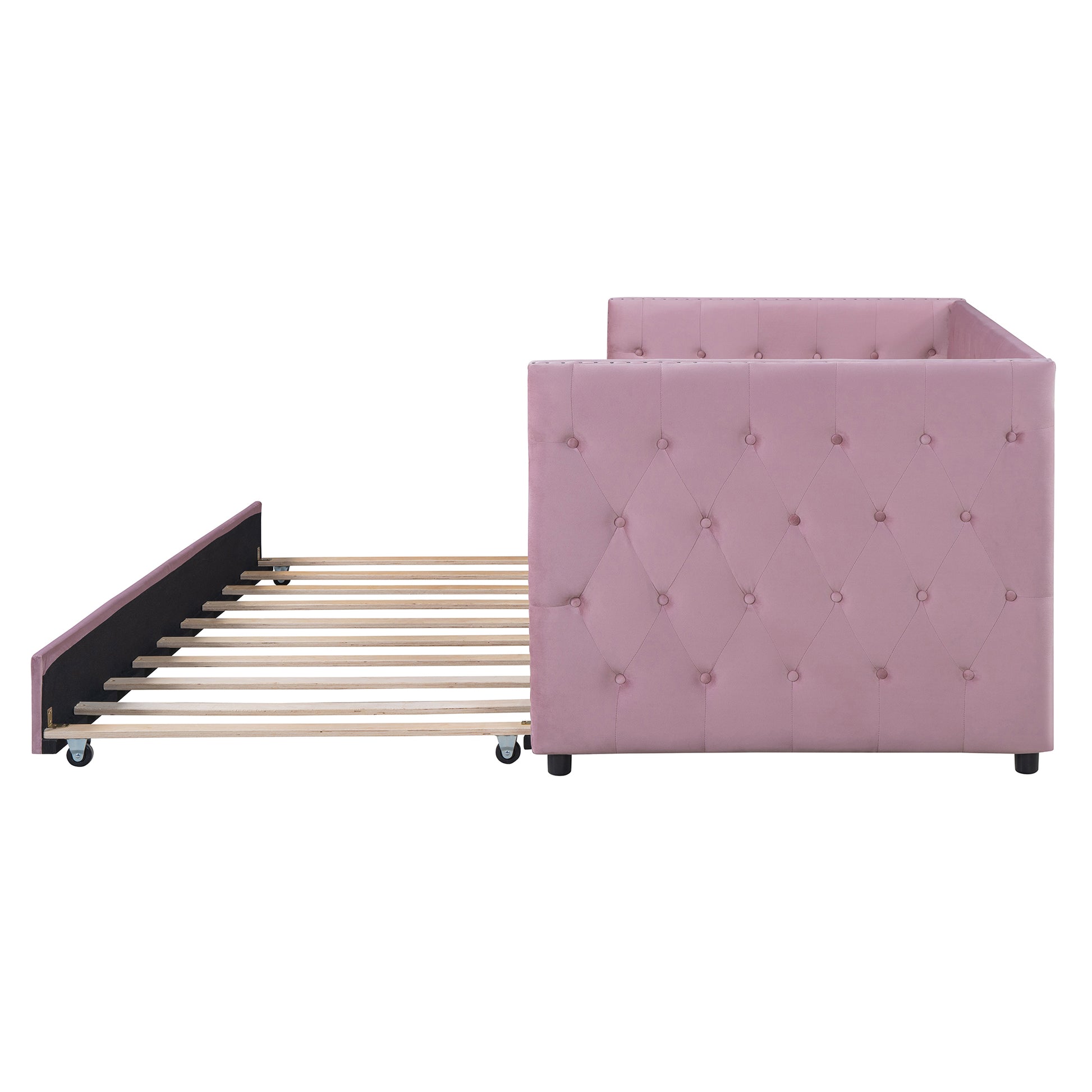 Twin Size Tufted Upholstered Daybed With Trundle, Velvet Sofabed With Rivet Design, No Box Spring Needed,Pink Twin Pink Velvet