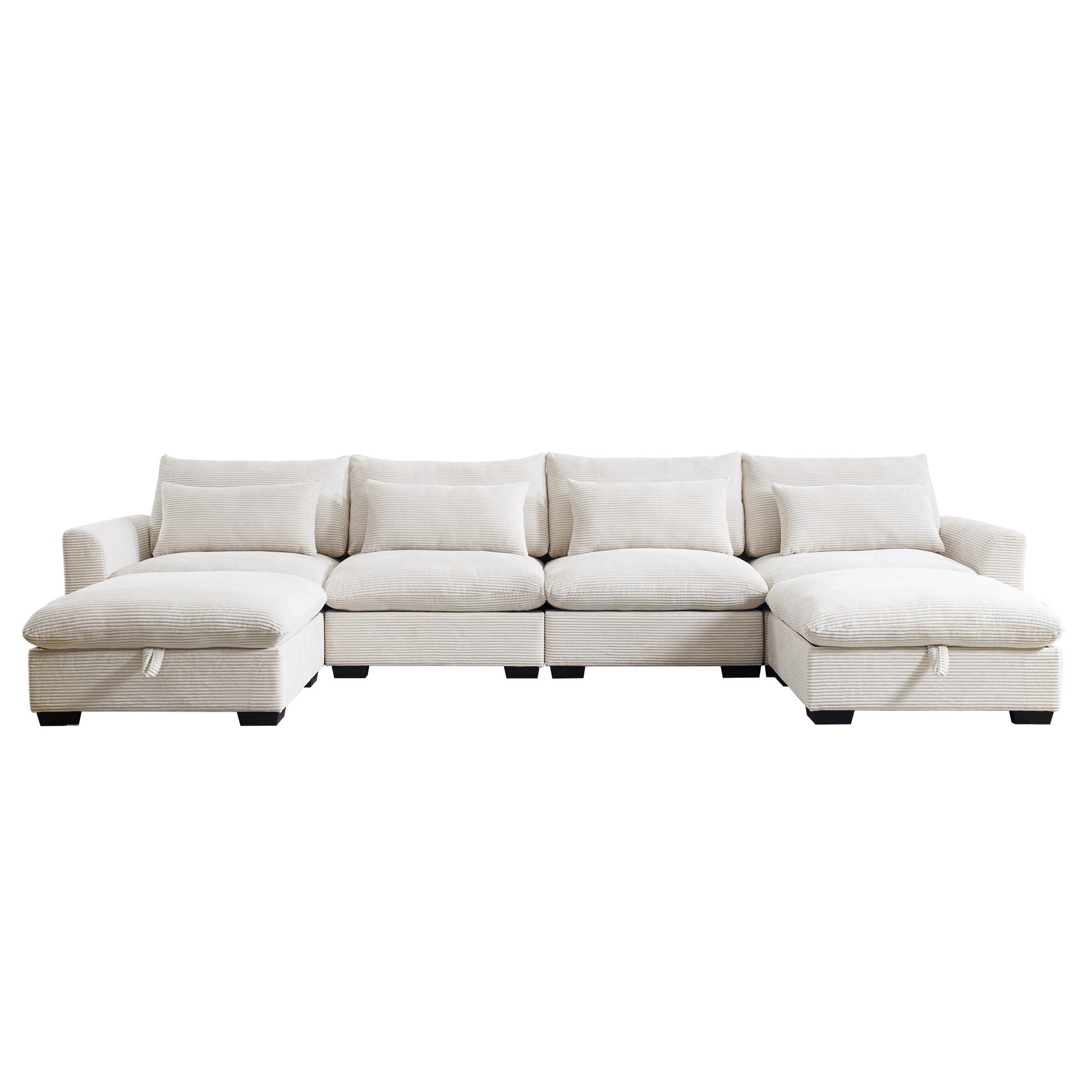 Big Deep Seat U Shaped Corduroy Sectional Couches For Living Room, 4 Seater Sofa Couch With 2 Storage Footstool And 4 Waist Pillows Corduroy, Beige Beige Corduroy 4 Seat