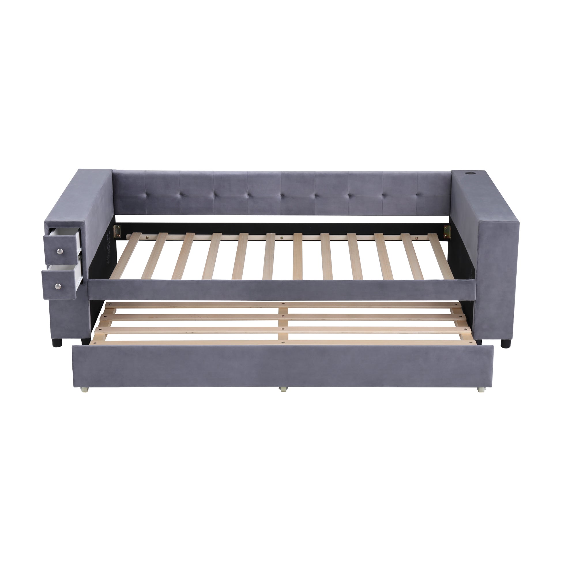 Twin Upholstered Bed With Storage And Twin Trundle, Usb Charging Ports, French Velvet, Gray Twin Gray Velvet