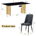 Table And Chair Set.The Table Has A Glass Top With Imitation Marble Pattern Stickers And Stainless Steel Golden Legs. Paried With Chairs With Pu Artificial Leather Backrest Cushions And Black Legs. Black Gold Seats 6 Glass Metal