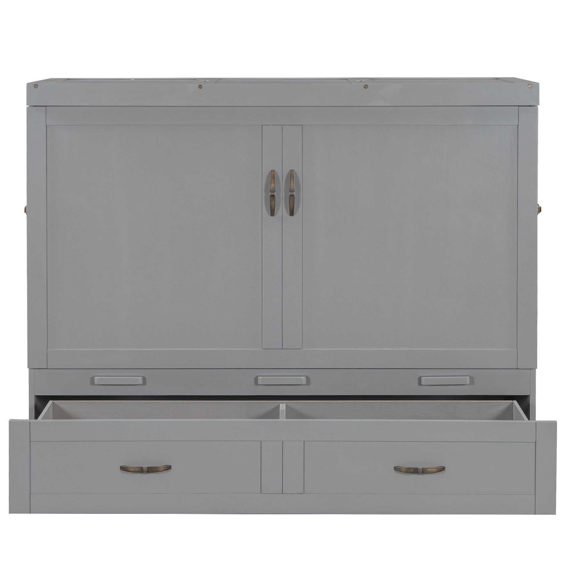 Queen Size Murphy Bed With Usb Ports, Large Drawers And Metal Handles,Gray Queen Gray Solid Wood Mdf