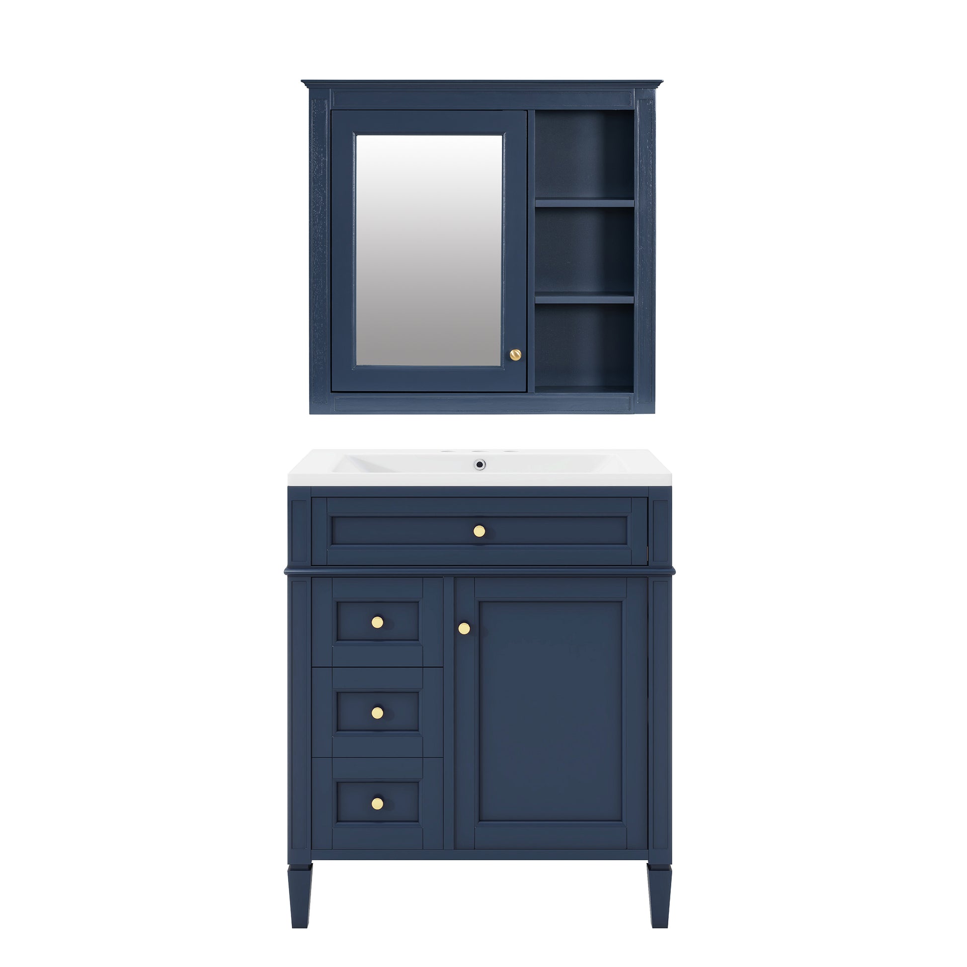 30'' Bathroom Vanity With Top Sink, Modern Bathroom Storage Cabinet With 2 Drawers And A Tip Out Drawer, Freestanding Vanity Set With Mirror Cabinet, Single Sink Bathroom Vanity 3 Blue 2 Mirror Included Bathroom Wall Mounted Modern Solid Wood Painted