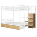 Twin Over Full Metal Bunk Bed With Drawer And Lateral Storage Ladder And Wardrobe, White White Metal