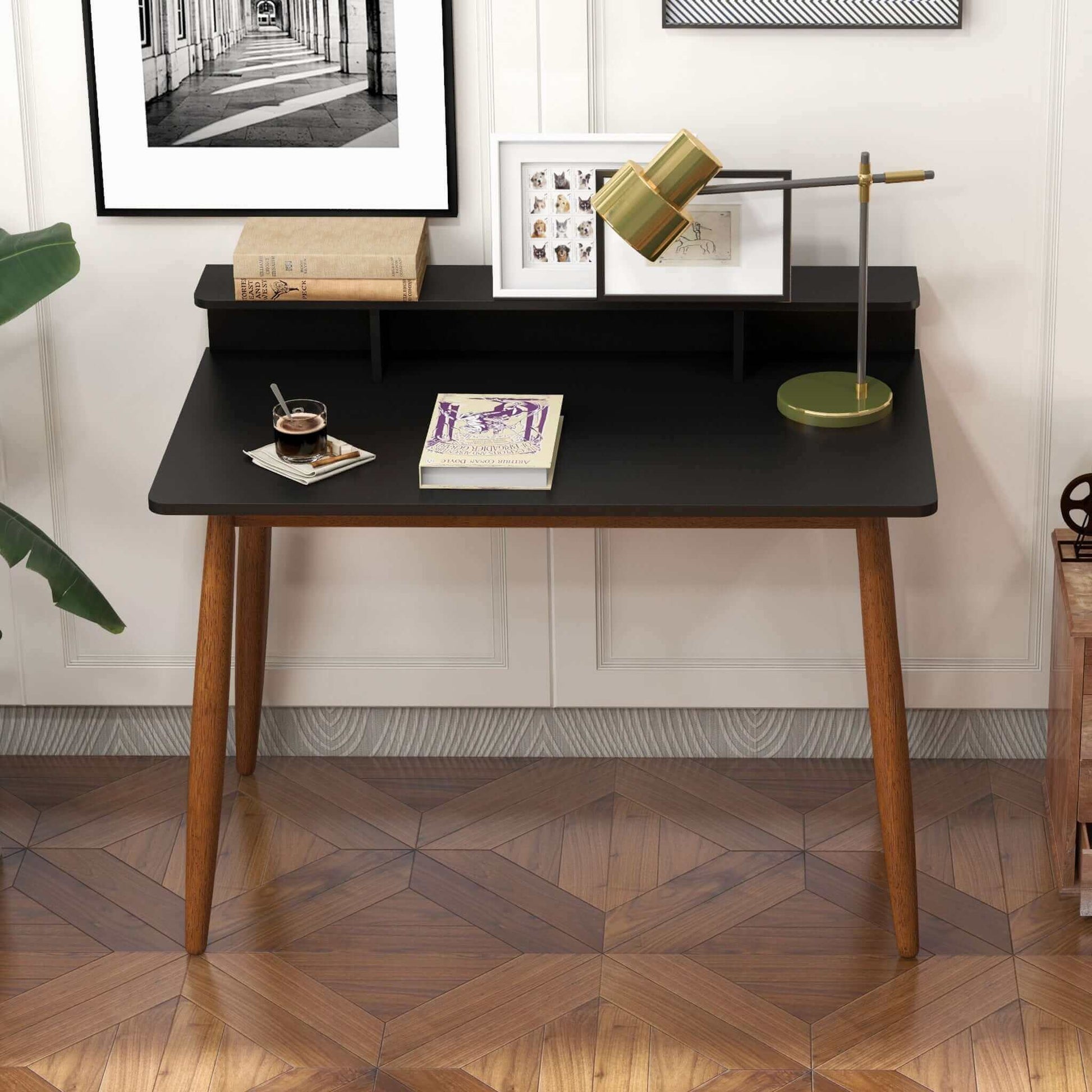 Hayley Rectangular Solid Wood Desk In Black Black,Brown Brown Office Mid Century Modern Rectangular Open Storage Desk Rectangular Solid Wood