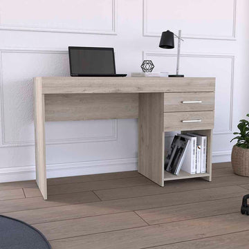 Ibare Two Drawer Computer Desk, One Lower Shelf Light Gray Gray Computer Desk Office Modern Freestanding Rectangular Shelves Desk Rectangular Particle Board Particle Board