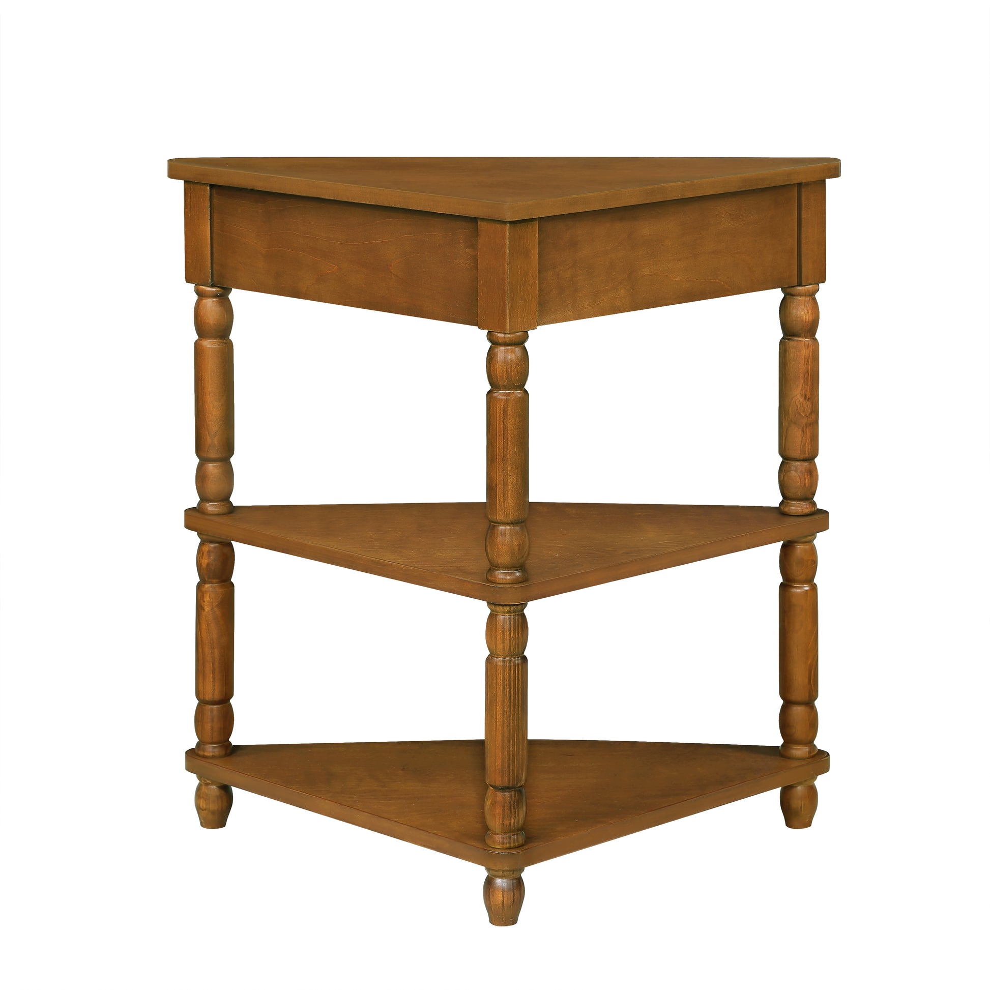 33.8'' Small Triangle Corner Table, Wood Corner Side Table For Small Spaces Living Room, 3 Tier End Corner Table With Solid Wood Legs, Brown Brown Rubber Wood