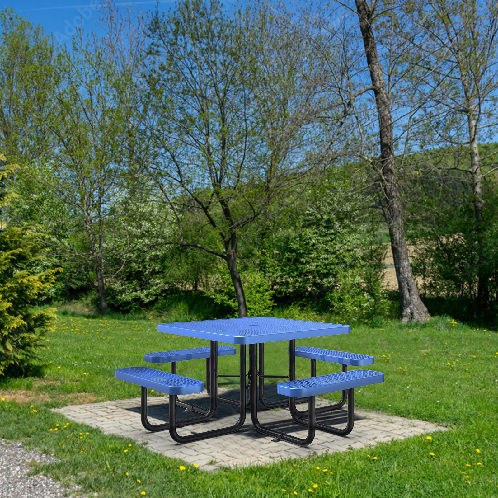 Square Outdoor Steel Picnic Table 46" Blue ,With Umbrella Pole,Blue Blue Steel Steel