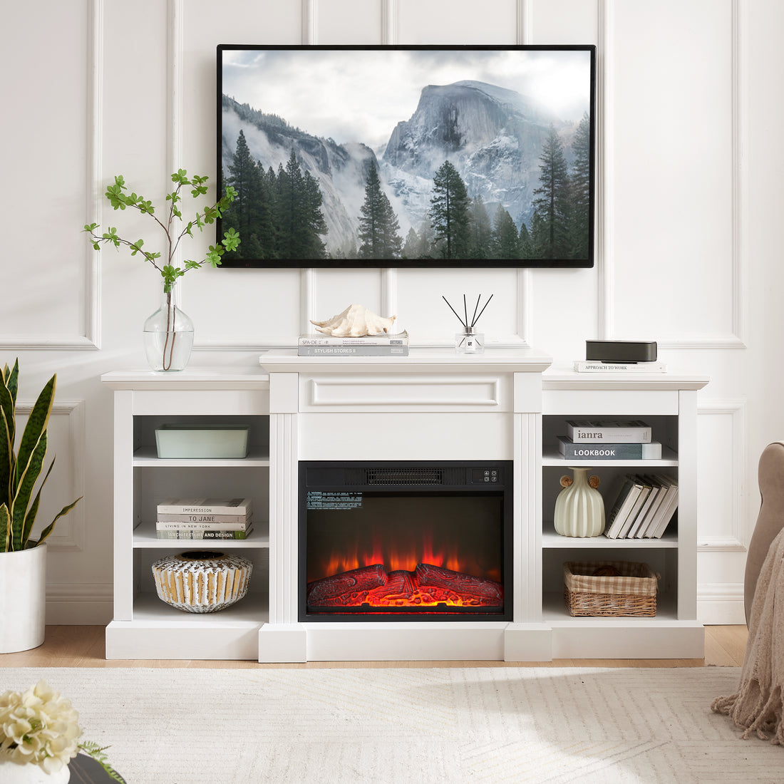 Media Console Table With Large Storage Cabinet, With 23" Fireplace Insert, For Tv Up To 70'', Modern Tv Media Entertaionment Stand, White, 65.75"W*17"D*32.48"H White 39 Inches Or Less Mdf