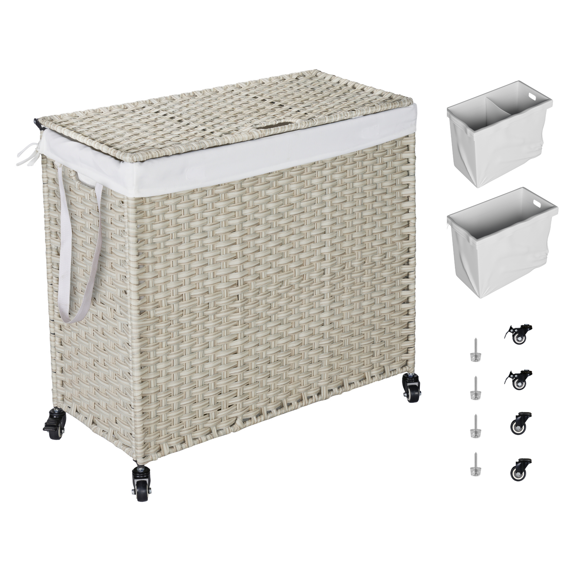 Laundry Hamper With Lid Pe Rattan Powder Coating Frame Clothes Hampers With 02 Removable Bags, Wheels, 160L, Grey Color Light Grey 1 Foldable Bathroom American Design,American Traditional Wicker