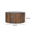 36 Inch Round Drum Coffee Table, Classic Plank Design, Rustic Brown Wood Brown Wood