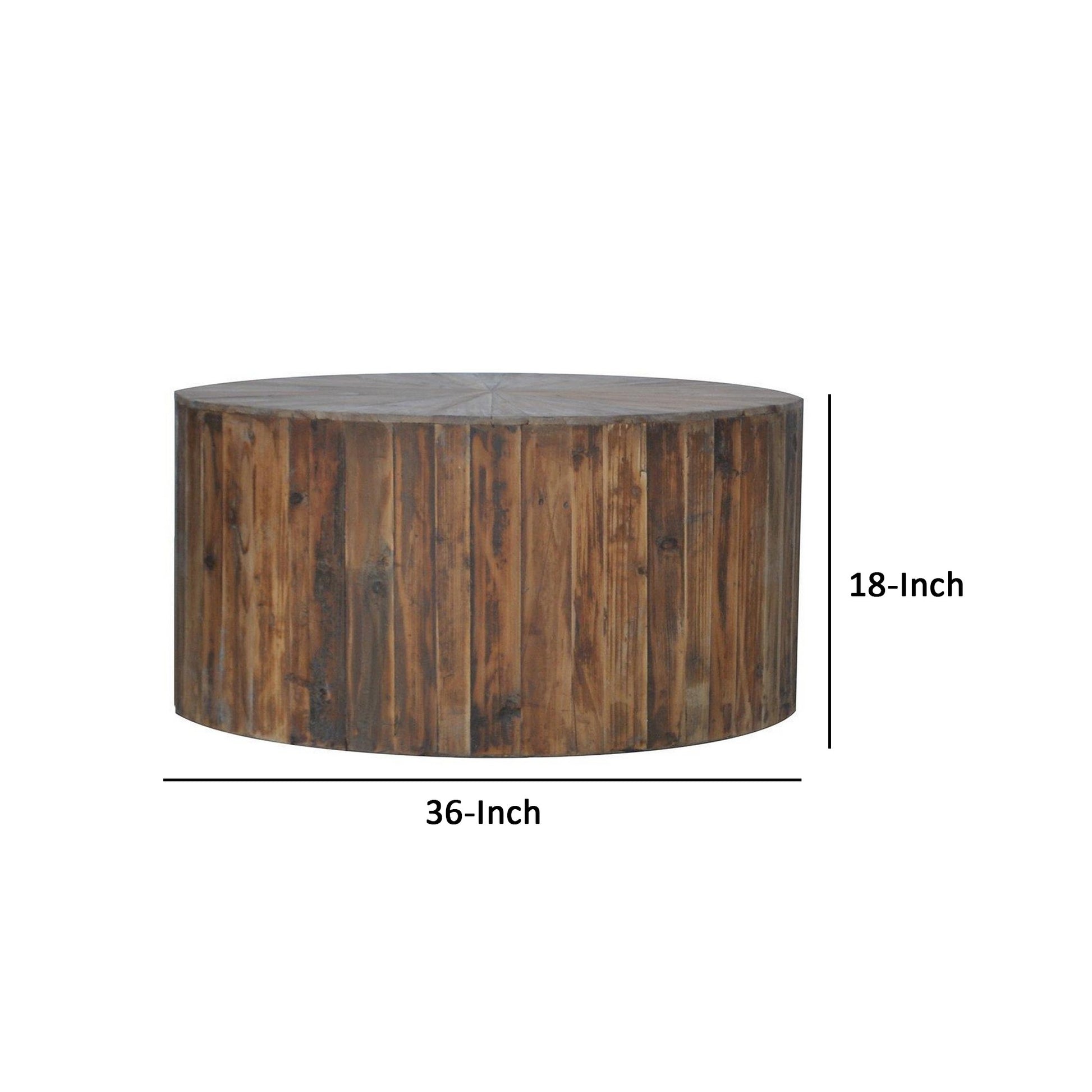 36 Inch Round Drum Coffee Table, Classic Plank Design, Rustic Brown Wood Brown Wood