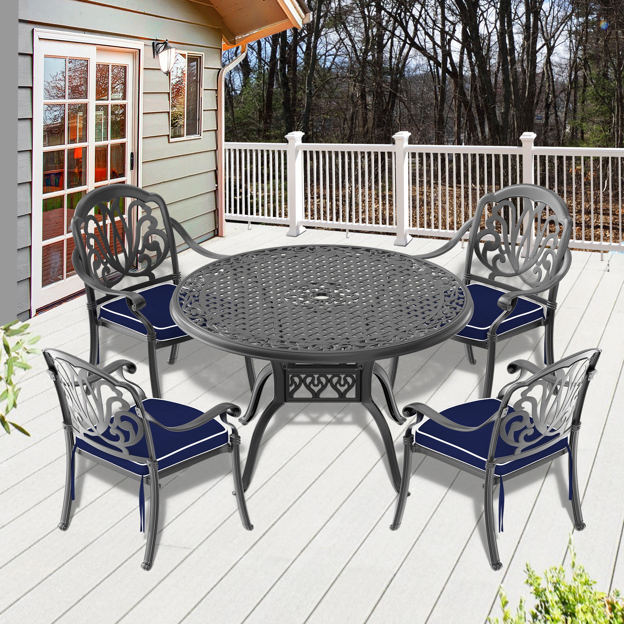 Cushions In Random Colors 5 Piece Set Of Cast Aluminum Patio Furniture With Cushions Yes Dining Set Black Seats 4 Rust Resistant Frame Water Resistant Cushion Garden & Outdoor Complete Patio Sets Aluminium